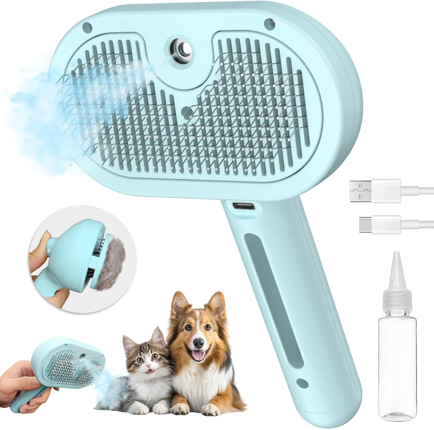 Spray Cat Brush for Shedding, 3 in 1 Steam Cat Brush Remove Static Flying Hair Pet Grooming Brush Self Cleaning Dog Brush for Long and Short Hair Dogs and Cats Remove Tangled Loose Hair (Pink)