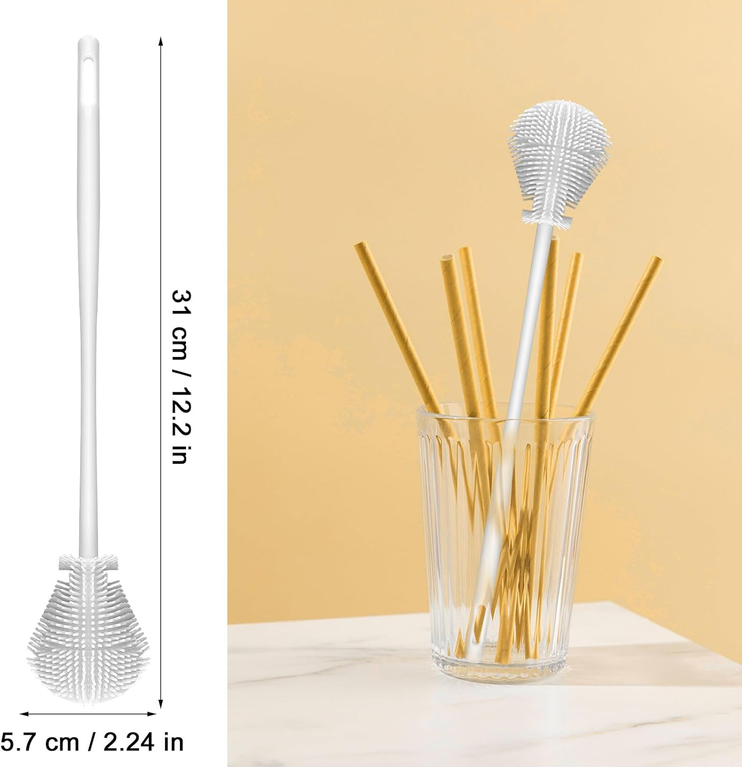 360&deg; Silicone Bottle Brush, Soft Bristle Cup Cleaner Brush Long Handle Flexible Water Bottle Cleaning Brush for Lid Teapots Bowls Containers Narrow Area (White) image number 4