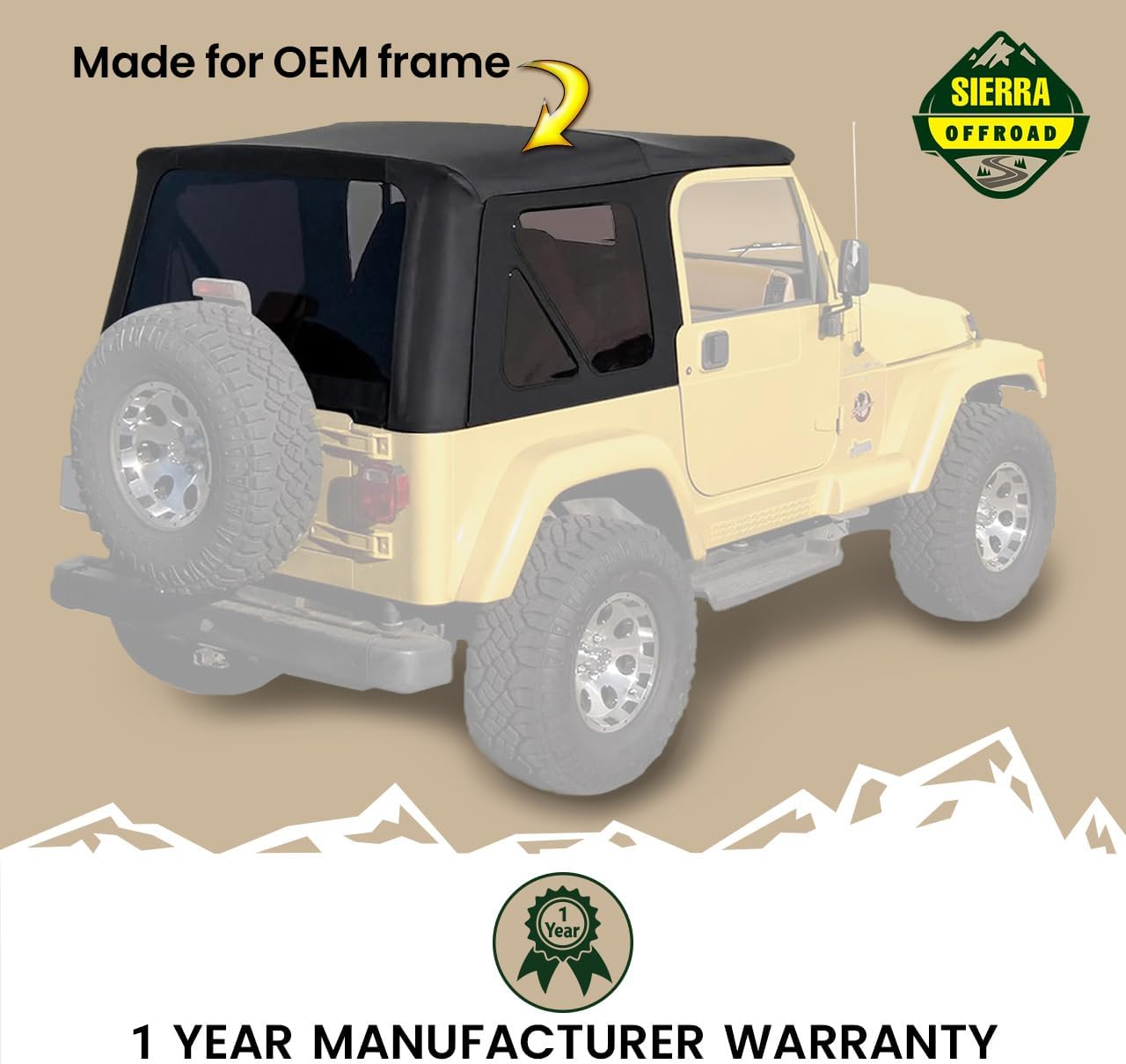 Sierra Offroad Soft Top for 1997 to 2006 Jeep Wrangler TJ - Black, Sailcloth Vinyl - 2 Door Jeep Soft Top with Rear Plastic Tinted Windows - Factory Precision Fit Replacement - No Upper Door Skins - Black Sailcloth image number 4