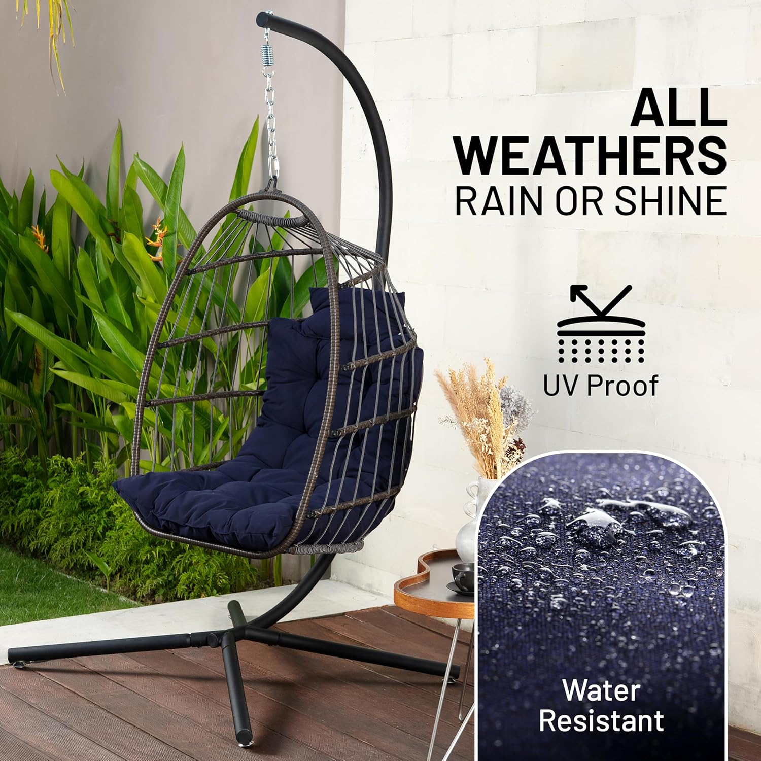 Serenelife Hanging Egg Chair with Stand - up to 250 Kg of Capacity - Beautiful Swinging Basket Chair with Base Made from Wicker Rattan and Powder-Coated Steel Frame - Egg Swing Chair with Stand - Deep Blue image number 6