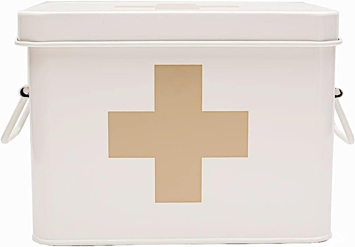 Lassos Boutique Retro Enameled First Aid Box for Medicine Storage and Home Decor with Lid and Removable Tray (Green/White)