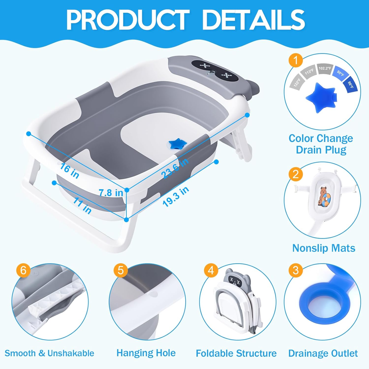 Collapsible Baby Bathtub for Newborn to Toddler,Durable Essential Grooming Infant Shower Tub,Portable Travel Baby Tub with Soft Cushion,No-Slip Hanging and Detachable image number 6