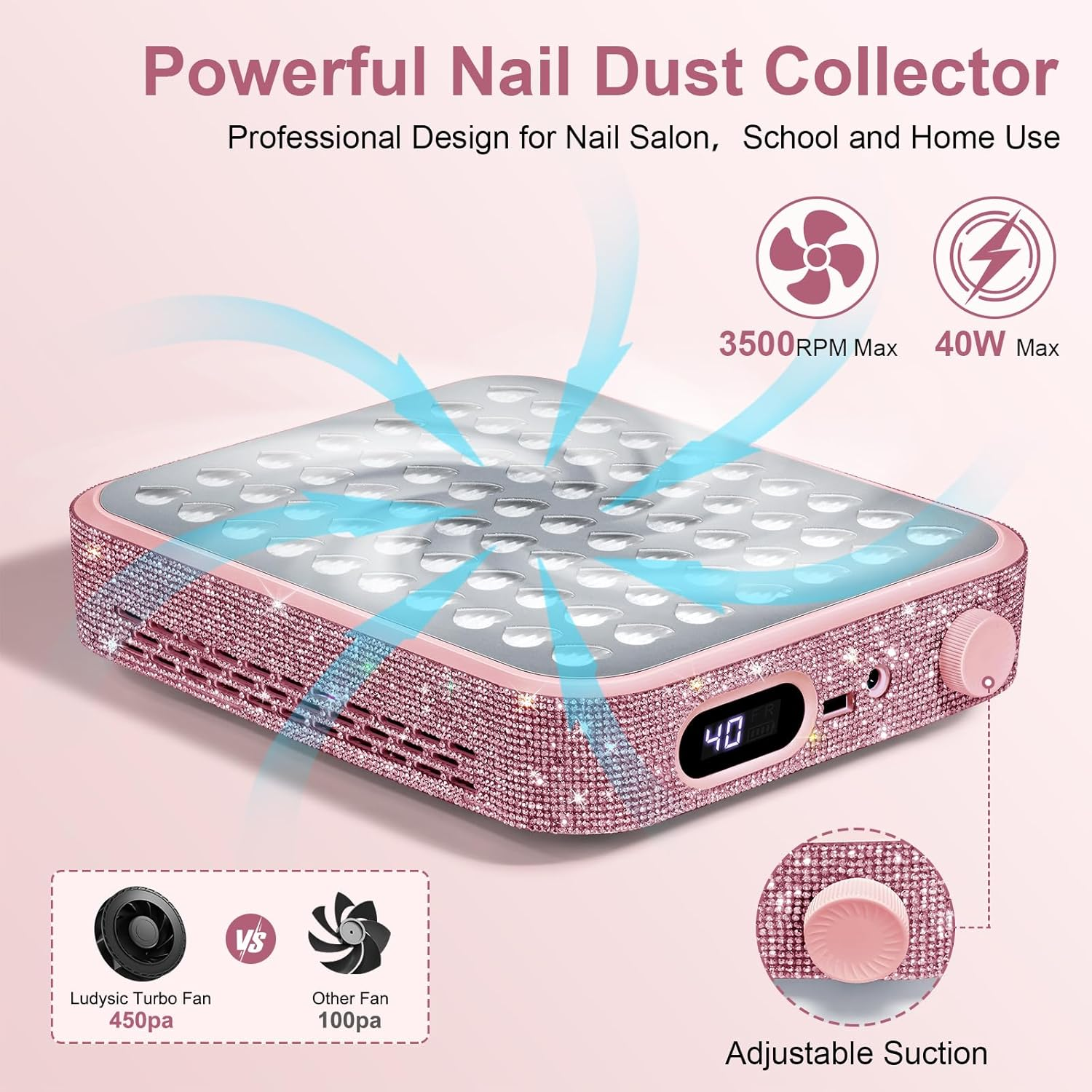 Ludysic Nail Dust Collector with 2 Reusable Filters,Nail Vacuum Dust Collector Quiet for Nail Tech Art, Powerful Nail Fan and Duster Collector,Nail Vacuum Cleaner for Salon and Home(Pink Diamond) image number 3