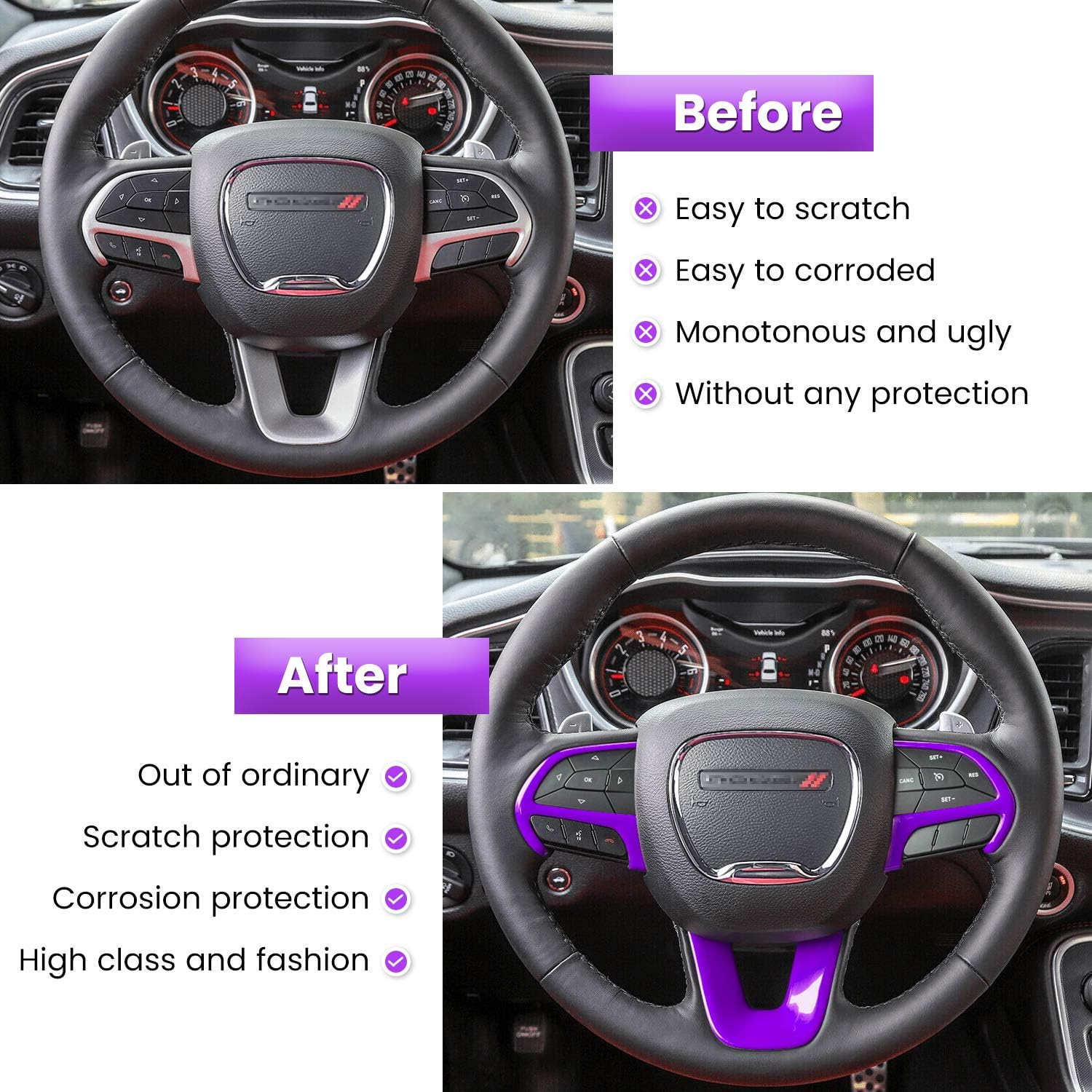 Steering Wheel Cover Trim Interior Accessories Decoration Kit for 2015-2021 Dodge Challenger Charger, for 2014-2021 Dodge Durango & Jeep Grand Cherokee SRT8 (Purple 3PCS)