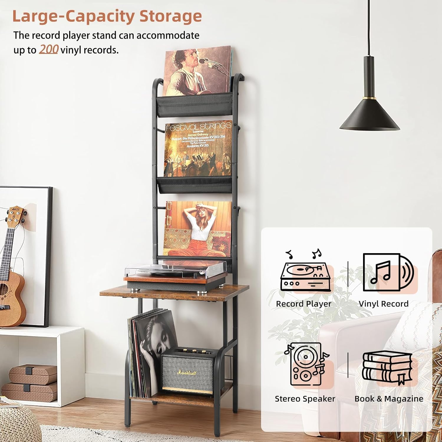 Record Player Stand with Vinyl Storage, Record Player Table for up to 200 Albums, Turntable Stand with Record Holder, Vinyl Display Shelf Cabinet Organizer Rack - Blackbrown,Large Size image number 3