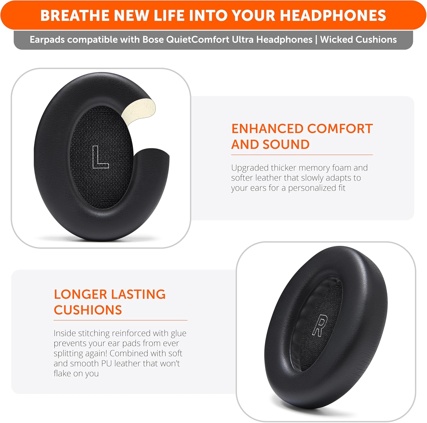 WC Padz QC Ultra - Upgraded Earpads for Bose Quietcomfort Ultra Made by Wicked Cushions | Enhanced Comfort & Thickness | Upgraded Memory Foam & Premium Materials | Black image number 3
