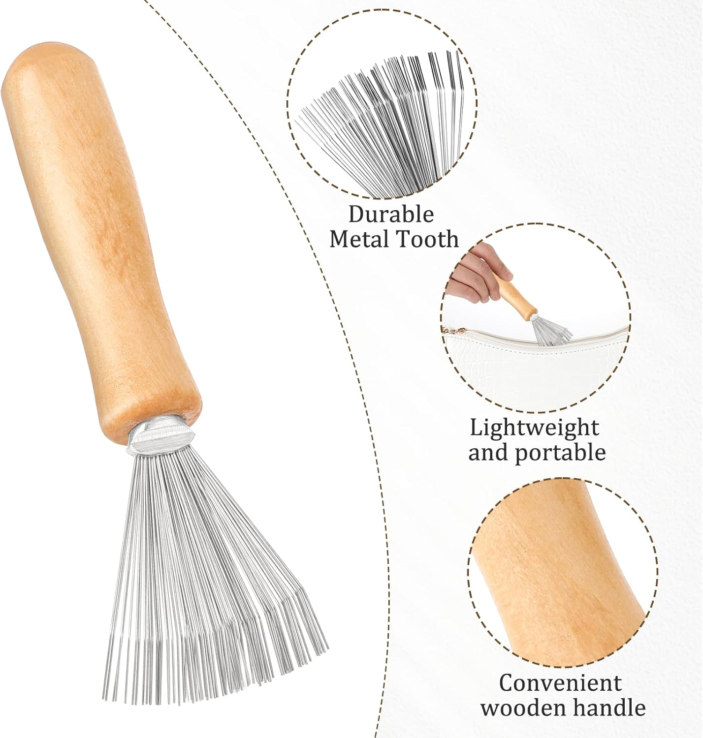 3Pcs Hair Brush Cleaner Tool Comb and Brush Cleaner Tool Set with Rake Design Metal Wire Comb Cleaners Wooden Handle Hair Remover Mini Instrument for Home and Salon Use Removing Dust Dirt