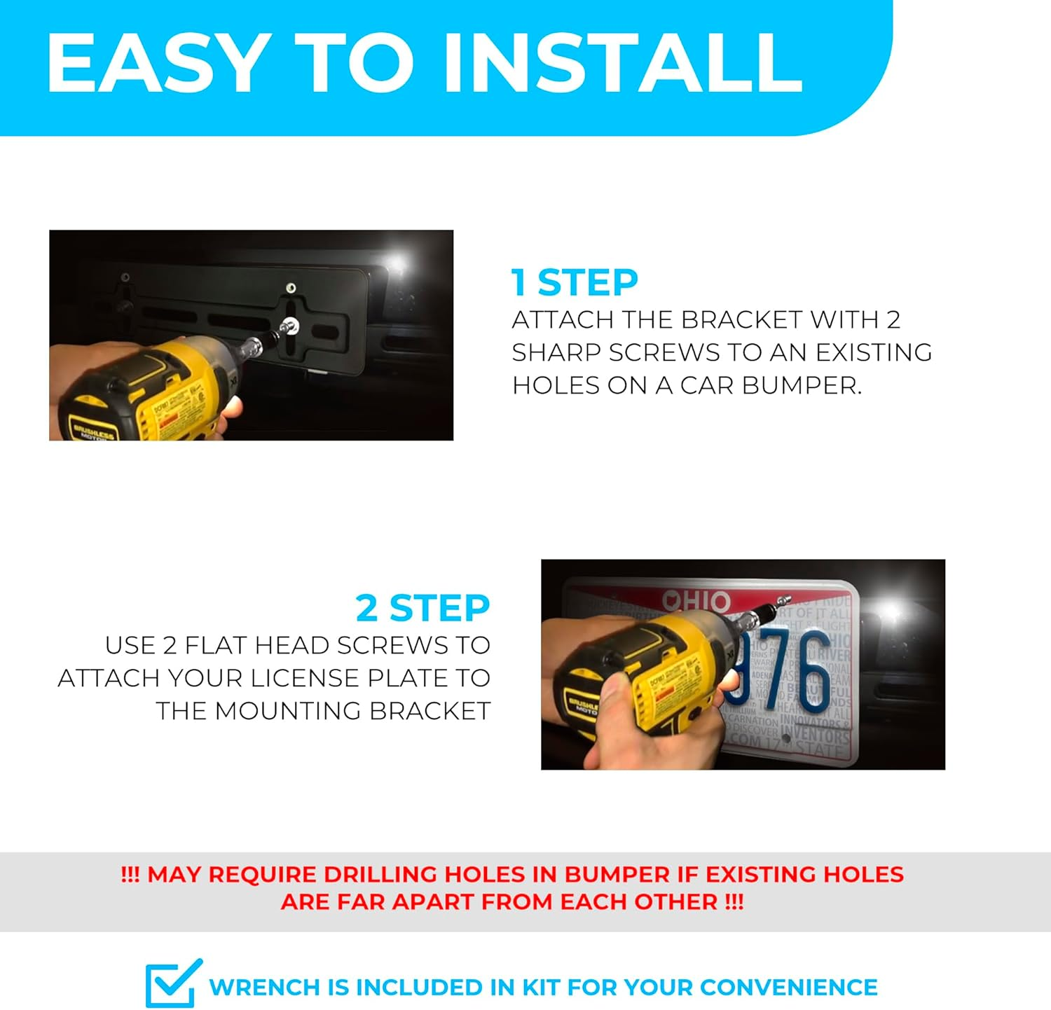 Front Bumper License Plate Bracket for Toyota Camry 2018-2025 + 6 Secure Screws & Wrench Kit image number 6