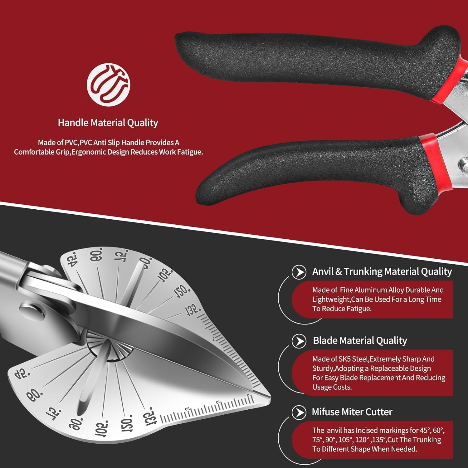 Multi-Angle Miter Shears - Adjustable 45&deg;-135&deg; Angular Trim Cutter Tool for Soft Wood, Plastic & PVC Molding, Shoe Molding with 2 Replacement Blades, Heavy Duty Miter Scissors for DIY Carpentry image number 6