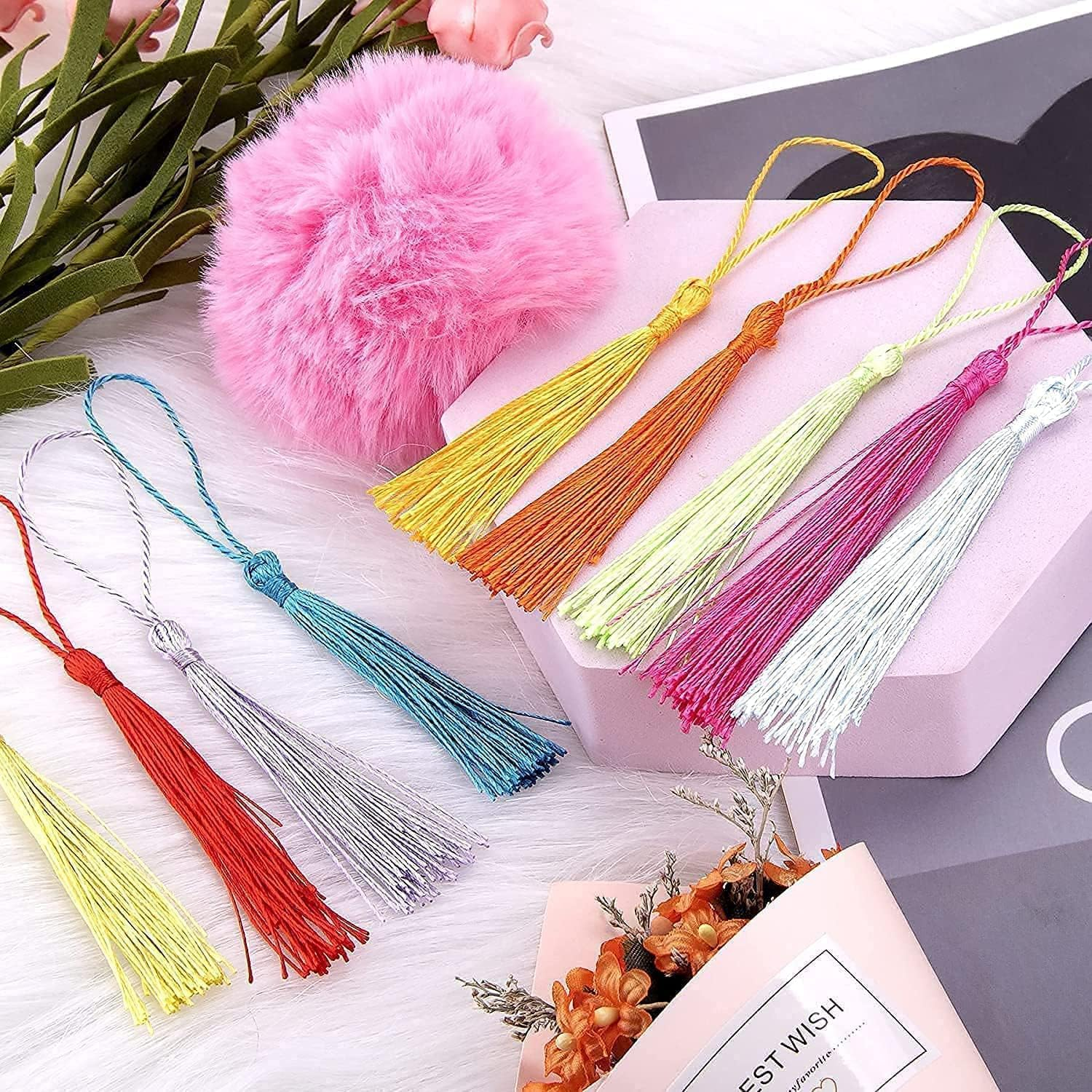 Betterjonny 100 Pieces Mini Gold Silky Tassels - Handmade Bookmarks for DIY Craft Supplies and Home Decor - Black image number 3