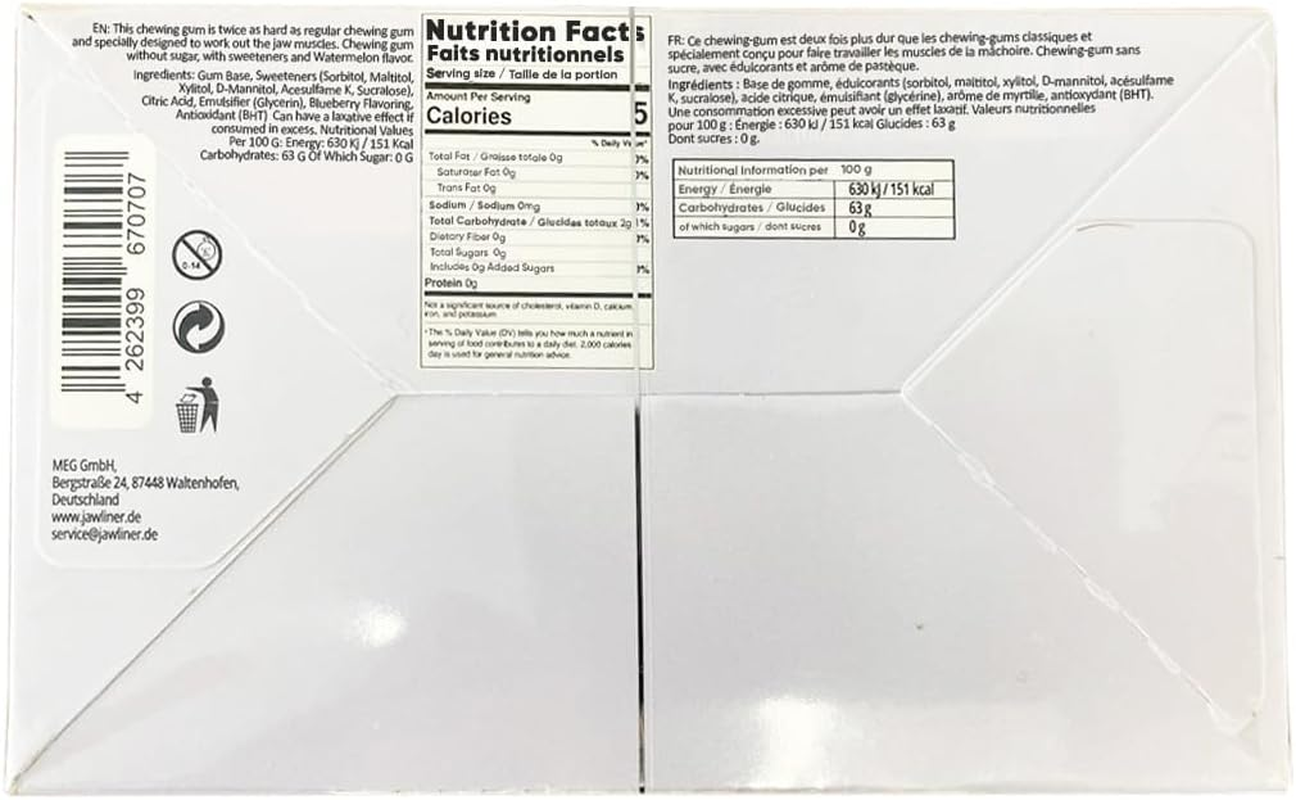 Jawliner&reg; Hard Jawline Chewing Gum - Sugar Free Blueberry Tough Jaw Gum - Jaw Exerciser Strong Mewing Jawline Mistic Gum - 2X Harder than Regular Chewing Gum 130 Grams (48 Strips) image number 1