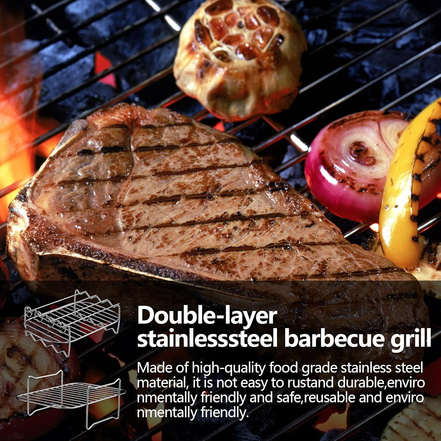 BBQ Grill Rack,Stainless Steel Double Layer Rack for Cooking | Stainless Steel Grill Expander Rack for Hiking, Camping, Outdoor and Travel image number 5