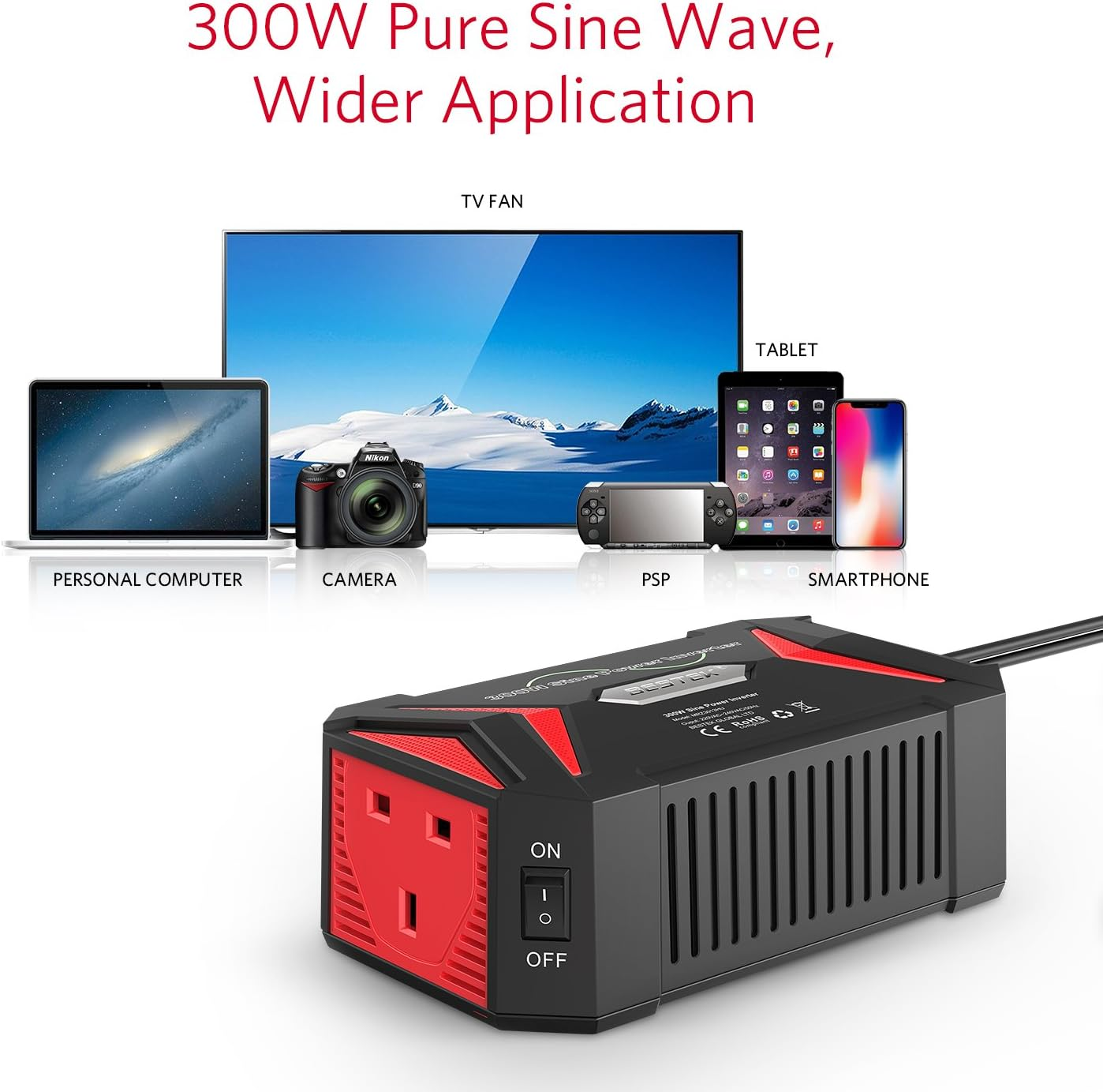BESTEK 300W Pure Sine Wave Power Inverter DC 12V to AC 230V 240V with 4.2A Dual Smart USB Ports Car Adapter - 300W image number 6