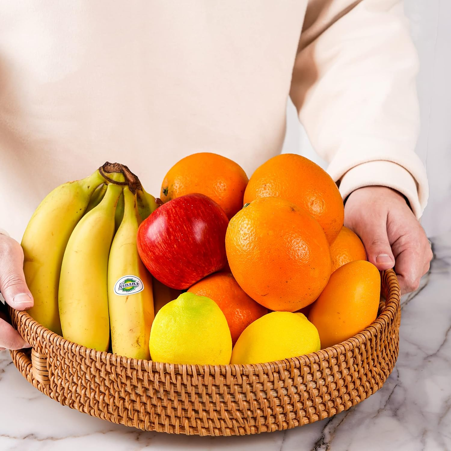 FIYAMMY Large round Rattan Serving Tray Set of 2, Woven with Handles, Wicker Fruit Bread Basket for Coffee Table (13.8In X 2.8In; 11.8In X 2.4In) image number 6
