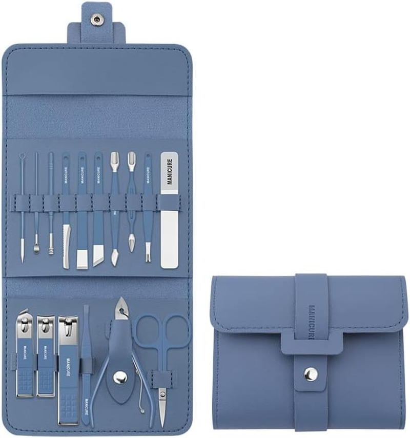 AIMALL 16PCS Manicure Pedicure Kit for Men and Women, Stainless Steel Nail Clippers Set with Facial and Foot Care Tools in Leather Case, Portable Grooming Set