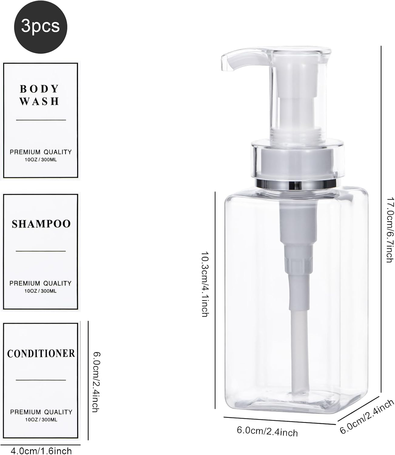 Yeeco Plastic Soap Dispenser, Clear 3 Pcs Refillable Shampoo and Conditioner Bottles, Empty Shower Bottles with Pump, Labels for Shower Bathroom Kitchen, 10Oz/300Ml image number 2