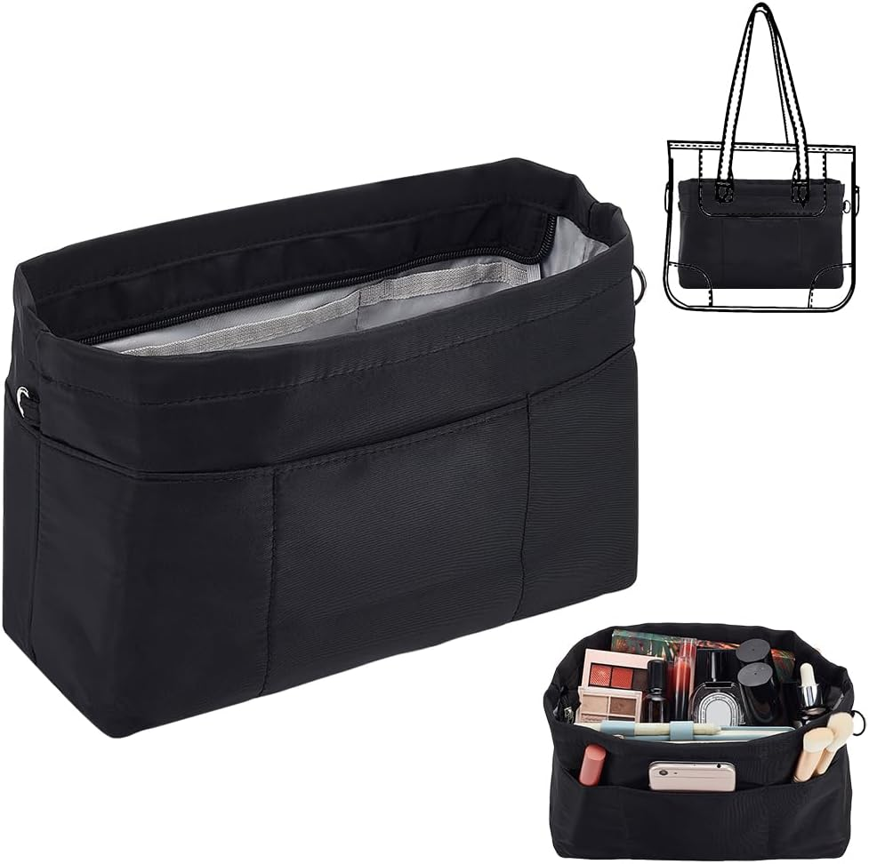 WADORN Nylon Handbag Organizer Insert, Tote Bag Organizer Insert Multi-Pocket Bag Organizer inside Large Bag Divider Zipper Insert Bag Liner Storage Travel Bag in Bag, 12X3.74X6.77 Inch, Black