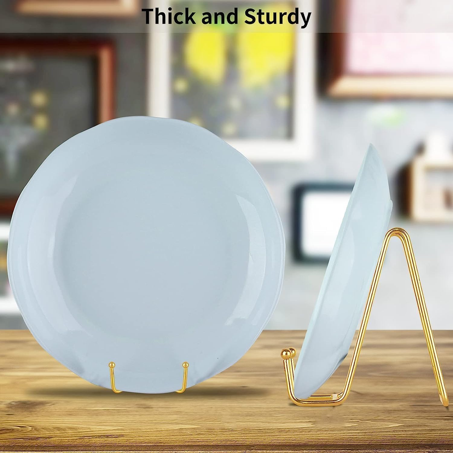 Roczential 4 Pack 6'' Display Photo Stand, Decorative Plate Display Stand, Book Display Stand Tabletop Art Decorative Trays(Gold) - Silver image number 4