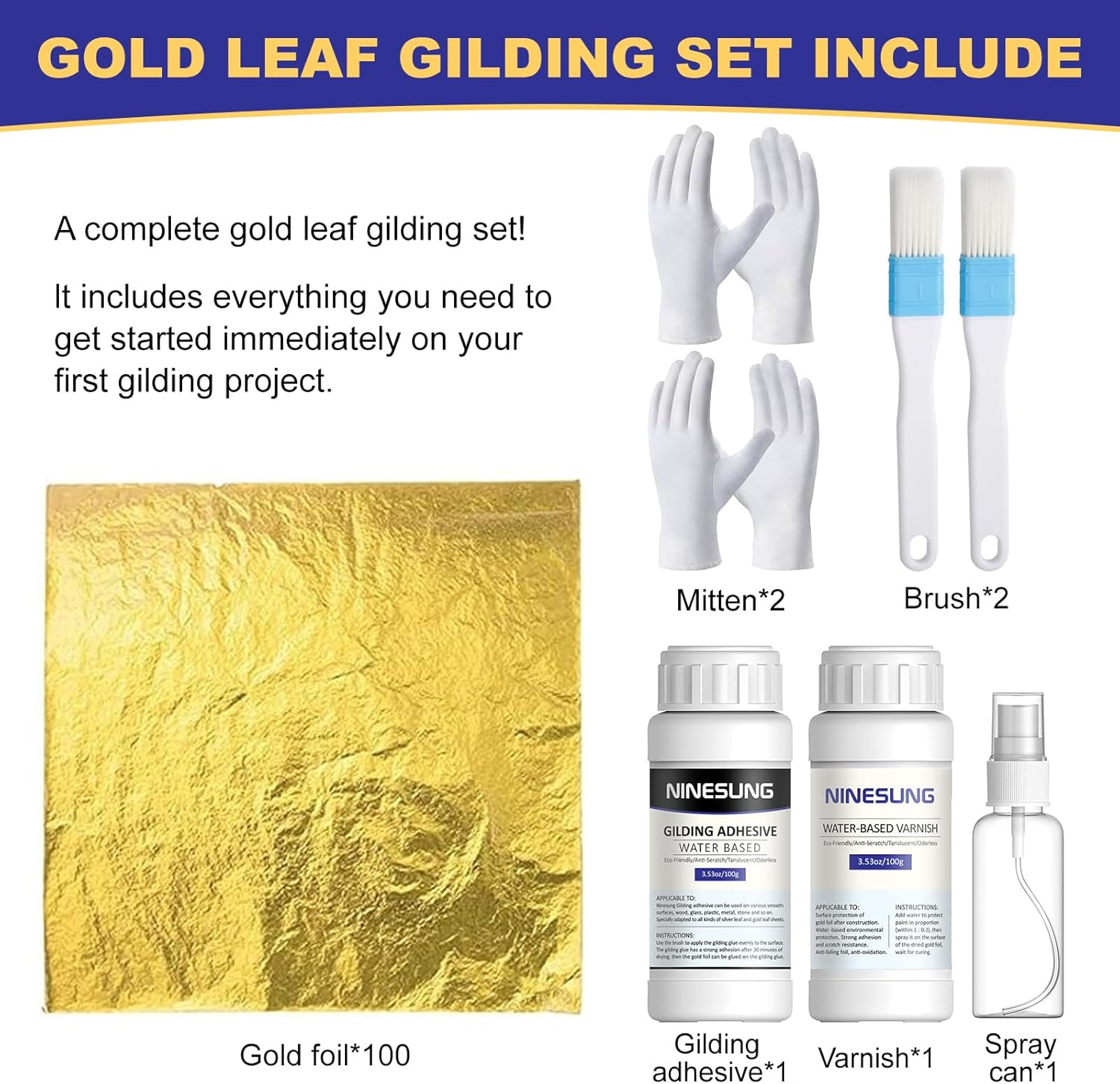 Ninesung Gold Leaf Kit | Gold Leaf Adhesive Set | 100Ml Water Based Adhesive and 100Ml Varnish | 100 Pcs Gold Leaf Sheets | 2 Brushes | with Spray Bottle | Gold Leaf Sheets for Art Craft, Painting image number 2