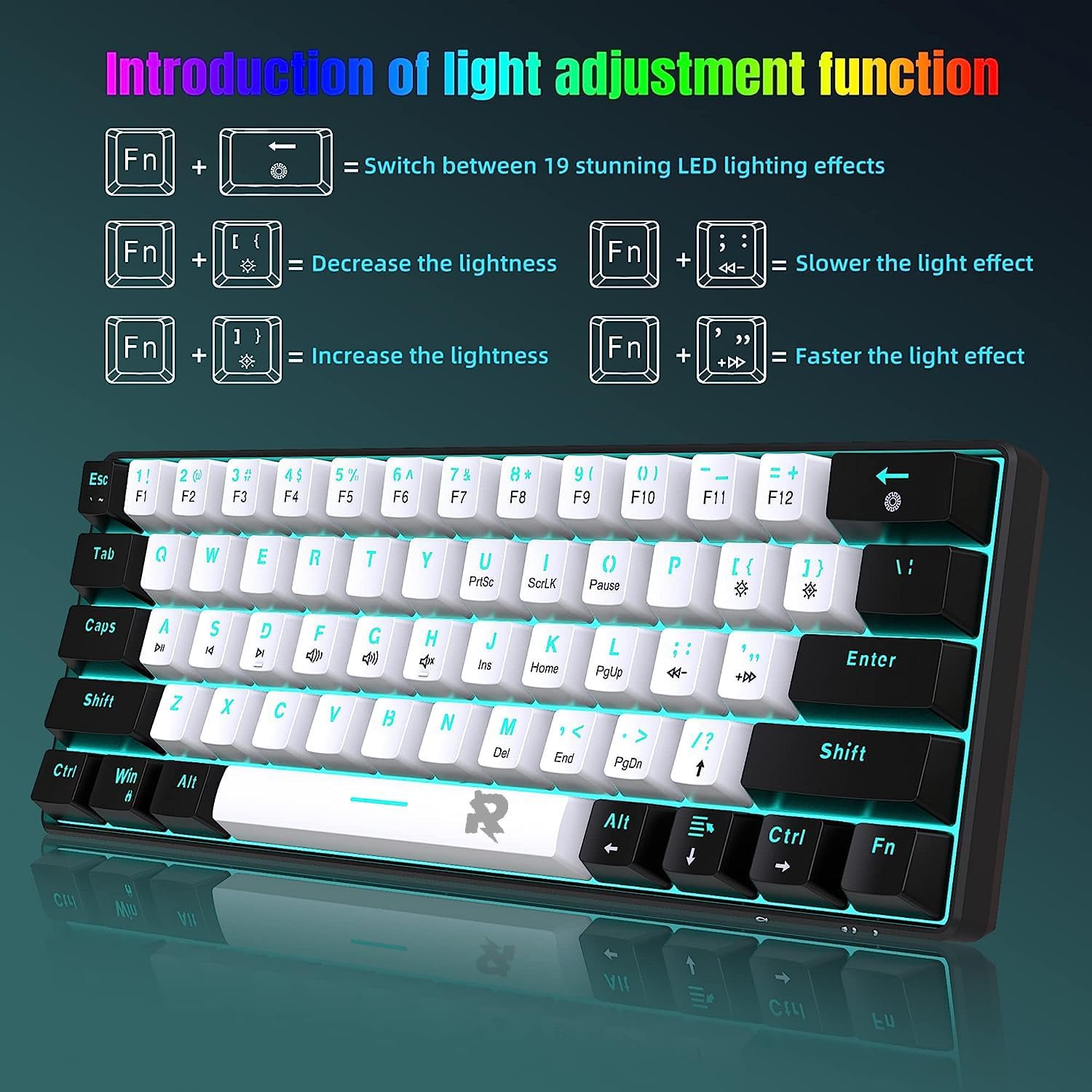 60% Wired Mechanical PC Gaming Keyboard, Ice Blue LED Backlit 61 Keys Mini Wired Office Keyboard for Windows Laptop PC Mac (Black White, Red Switches)