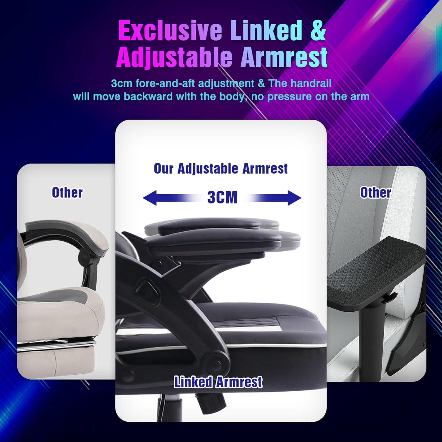 Advwin Gaming Chair with Adjustable Backrest,Armrest,Headrest,Height Adjustable Ergonomic Executive Office Chair with Wider Seat,135&deg; Recliner Racing Chair,360&deg;-Swivel,Black& White - Blackwhite image number 5