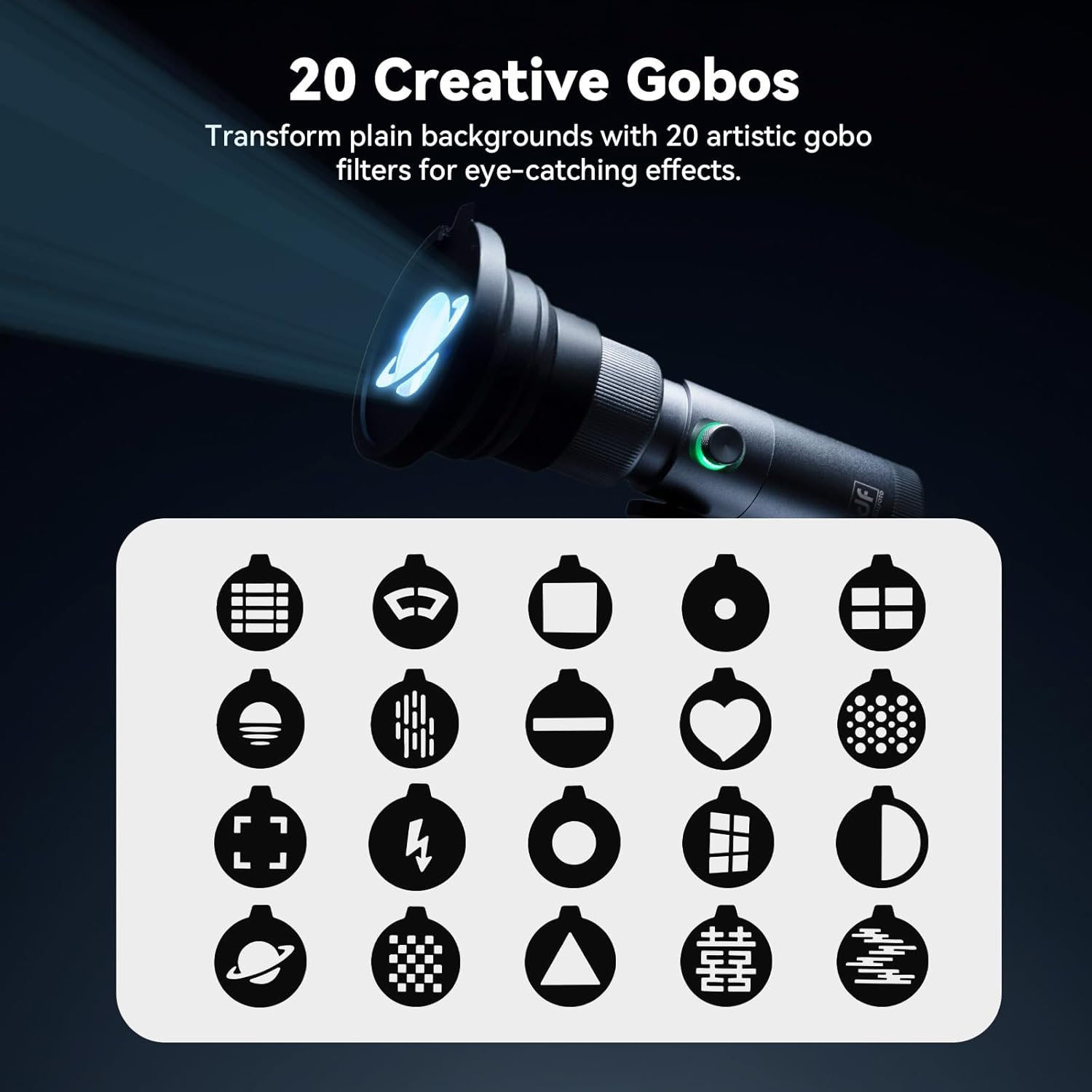 RGB LED Photography Flashlight,7500Mah Aluminum Alloy Patterned Ambient Spotlight,Portable Optical Snoot Light with 4 Color Filters with 20 Gobos for Vlog/Sns image number 2
