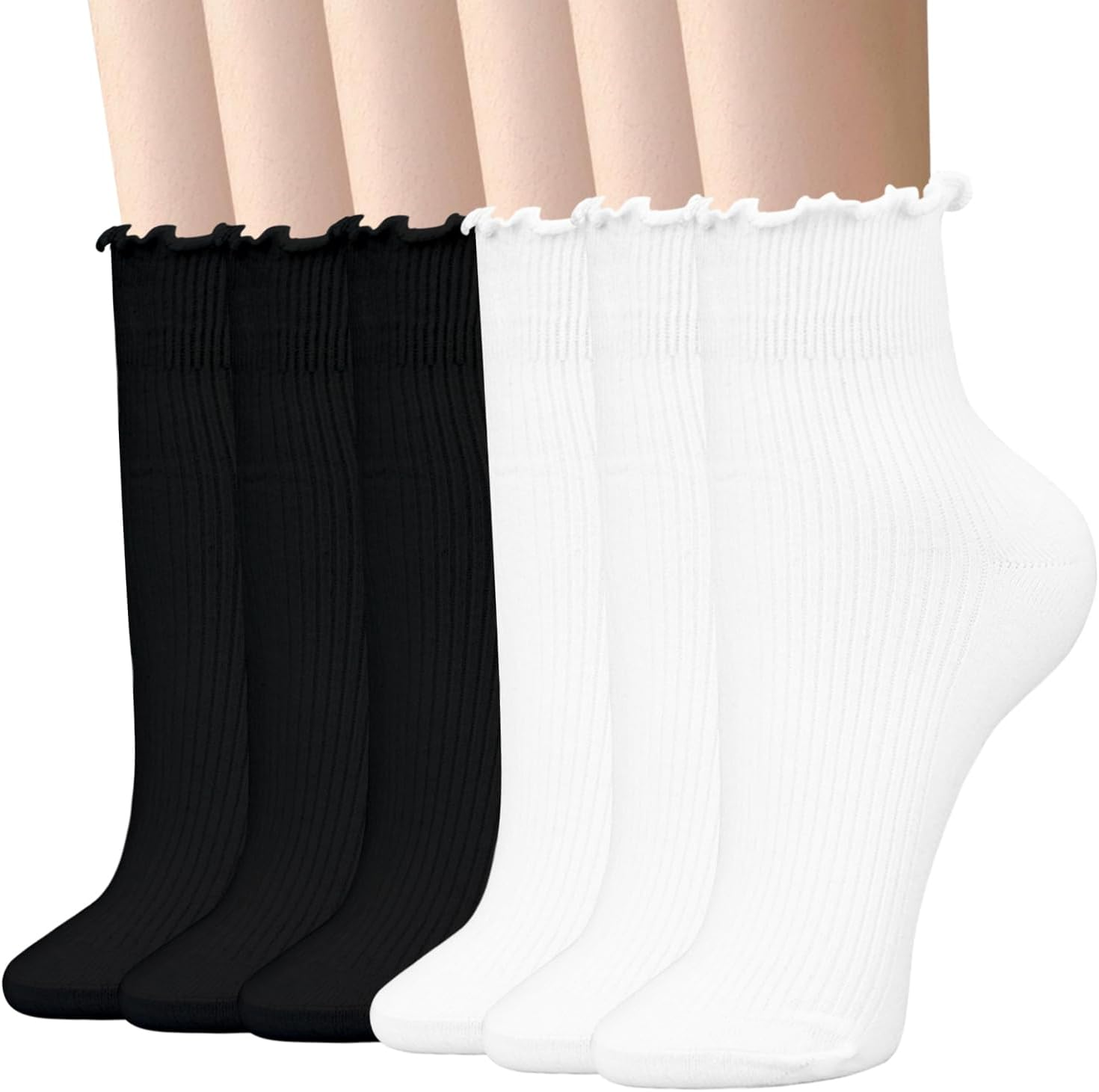 6 Pairs Womens Ruffle Socks,H HOME-MART Ruffle Turn-Cuff Casual Ankle Frilly Socks White Crew Socks Women Breathable Cool