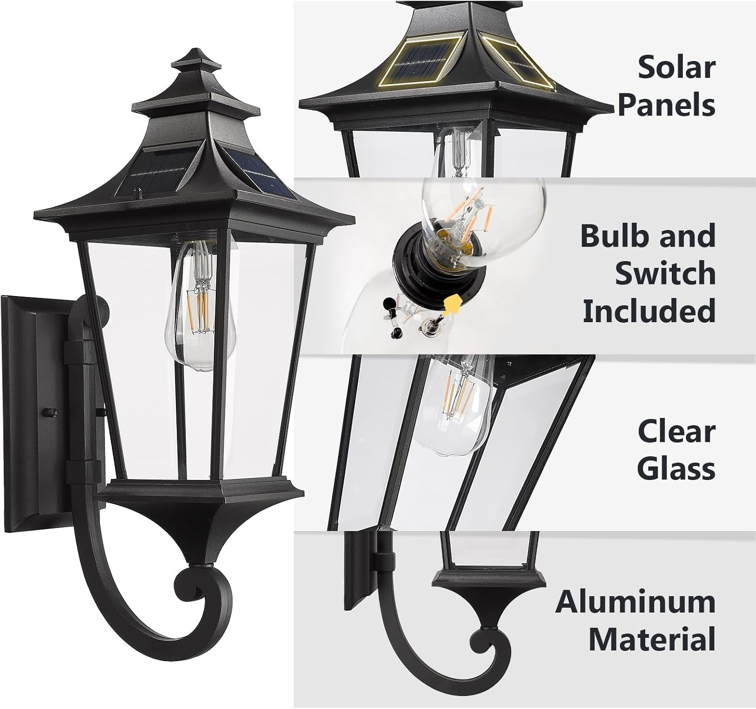 EMLIVIAR Solar Exterior Front Porch Light with Remote Control, 3 Lighting Modes Waterproof Solar Wall Lantern, Auto On/Off Black outside Light with Clear Glass, 500181-SL BK image number 2