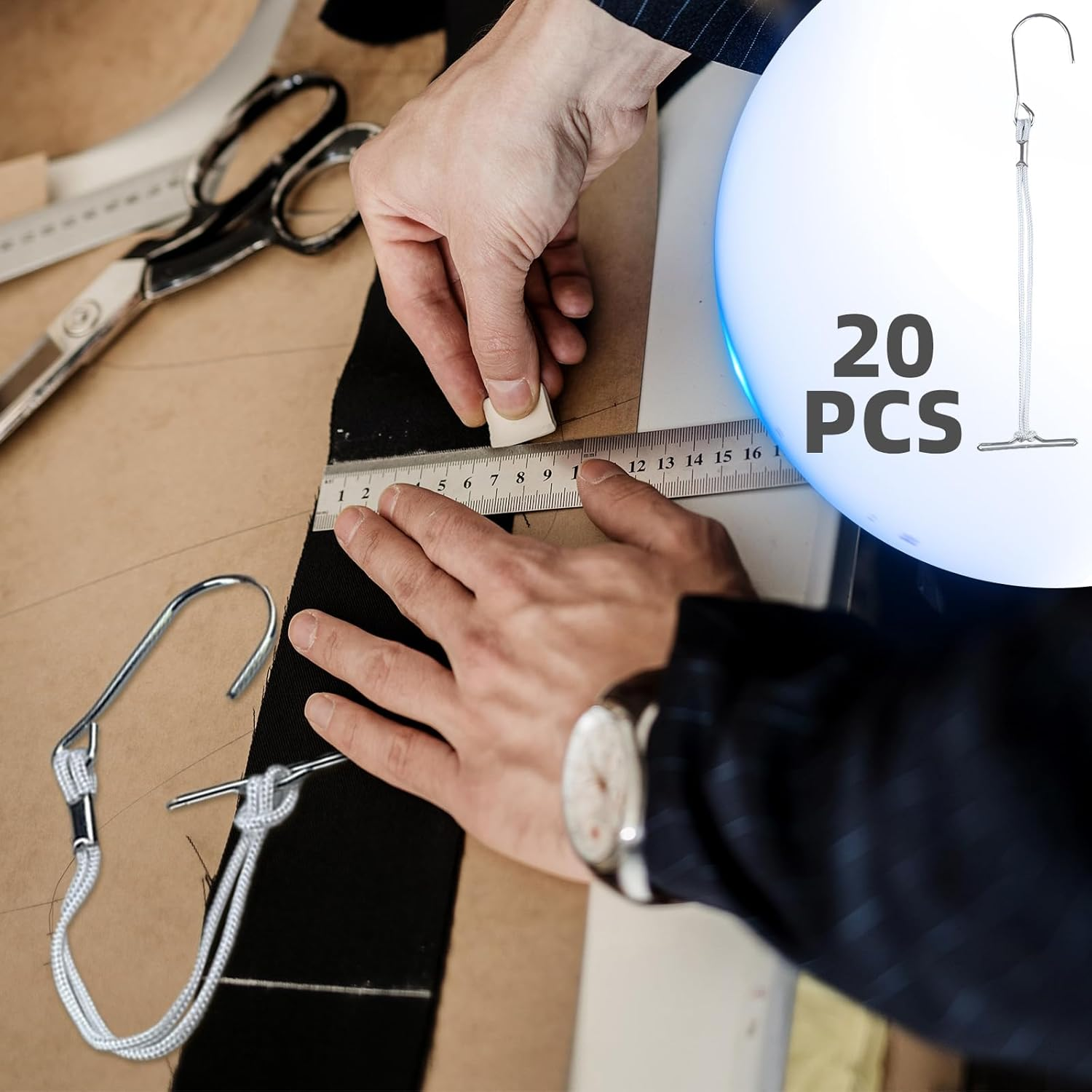 Sewing Pattern Hooks, 20 Pcs Pattern Making Hooks with T Bar and Nylon Cord Hardened Steel Sewing Making Hanger for Securing and Hanging Patterns