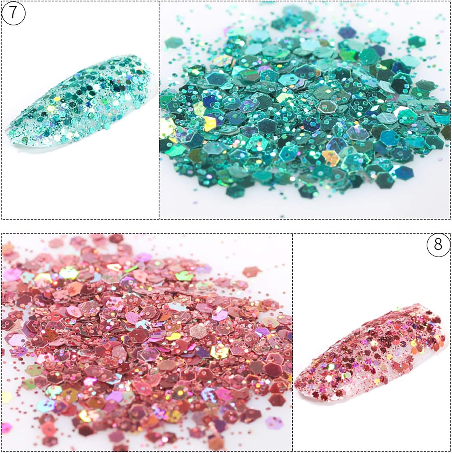 9 Packs Mixed Size Hexagon Nail Glitter Powder Sequins Shiny Colorful Nail Flakes Charm Dust image number 4