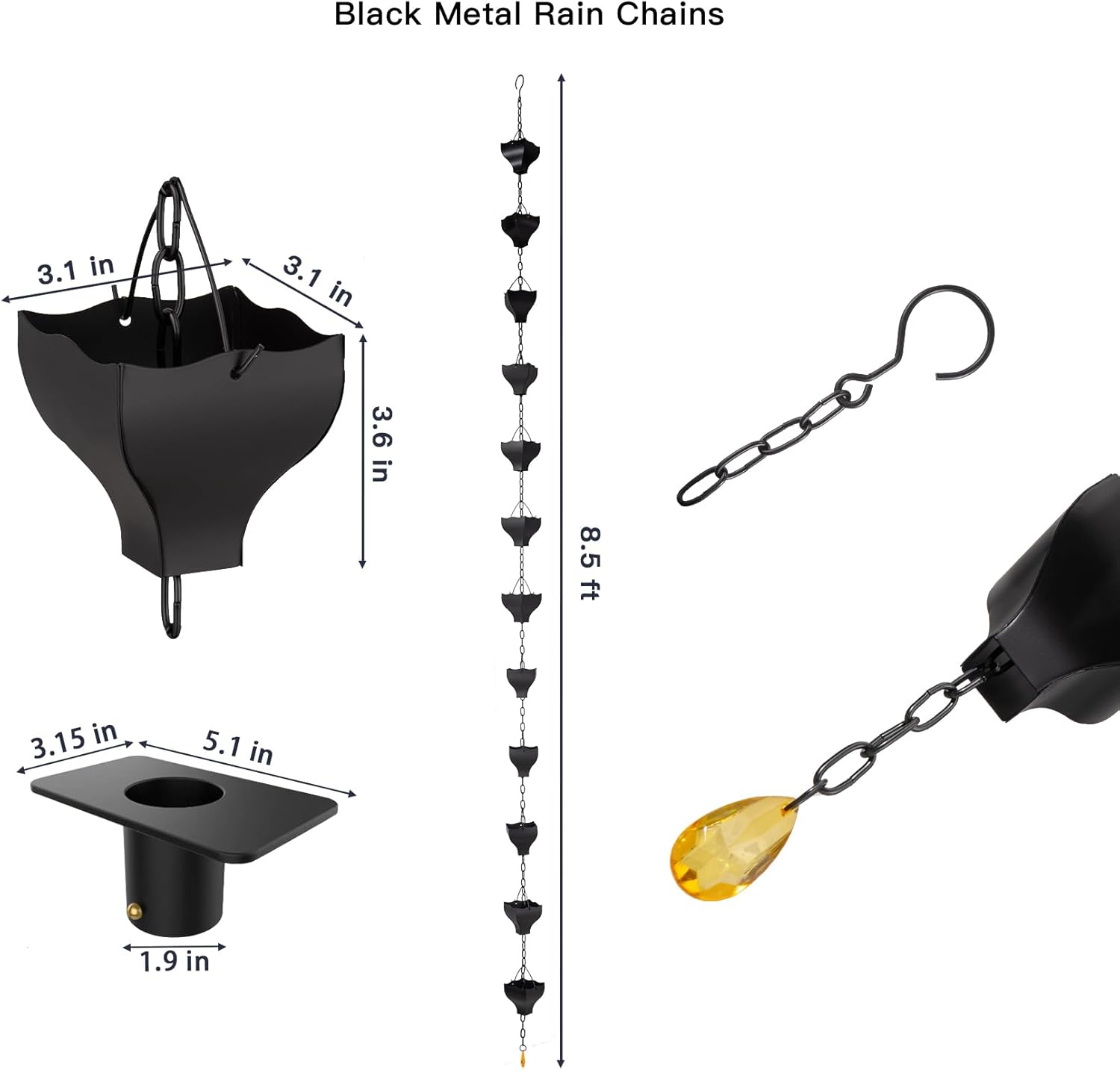 8.5Ft Black Rain Chain for Gutters Downspouts Outside, Rain Chains Black Cups Barrel, Functional and Decorative Replacement for Gutter Downspouts image number 6