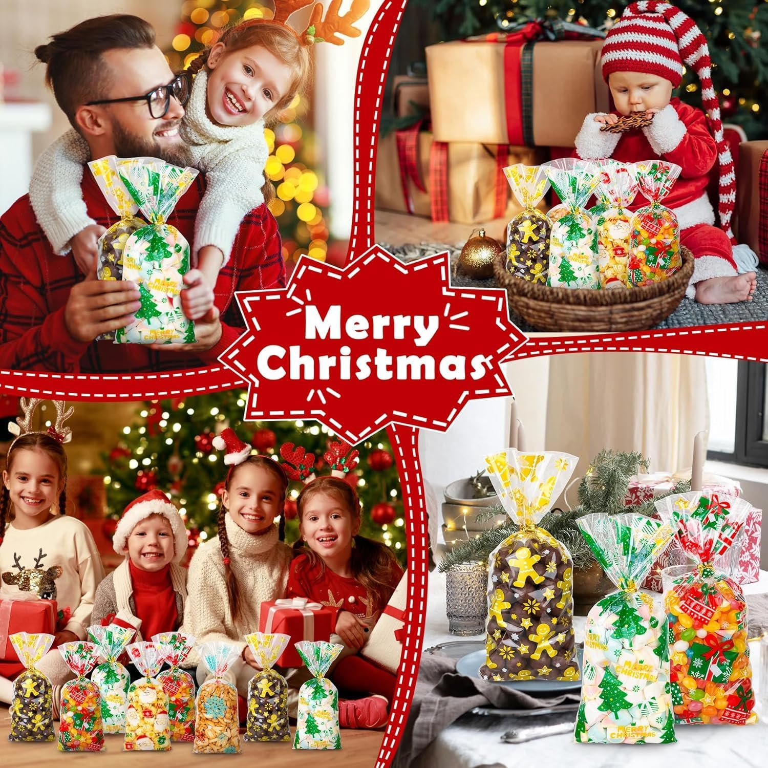 Xmas Candy Bags with Twist Tie, 10 Styles Christmas Cellophane Candy Bags, 100 Pcs Twist Ties for Cookie Goodies Gift Present Wrap Xmas Party Favor Supplies 5 Styles image number 4