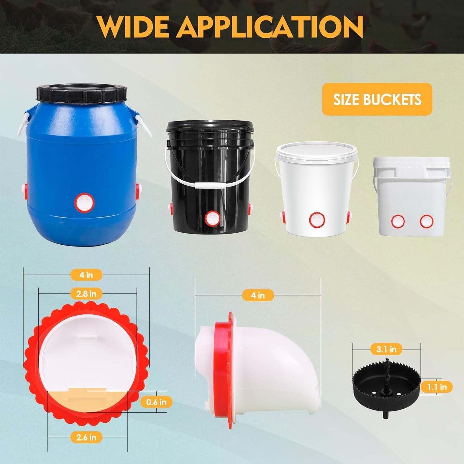 6Pcs Chicken Feeder Port, Upgraded Chicken Feeder No Waste, Waterproof Chickens Feeders with Raised Baffle & 1 Drill Bit, Poultry Feeders for Buckets, Barrels, Bins, Troughs image number 3