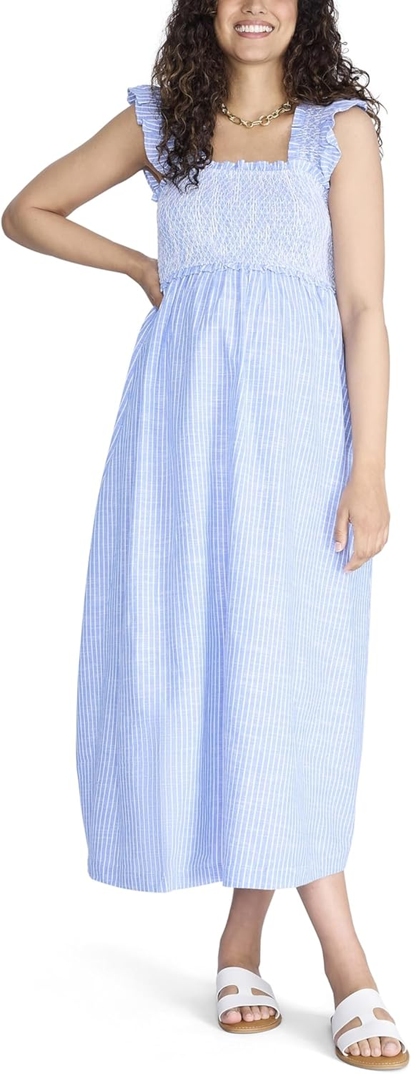 Motherhood Maternity Women'S Sleeveless Ruffle Shoulder Smocked Maxi Pregnancy Dress