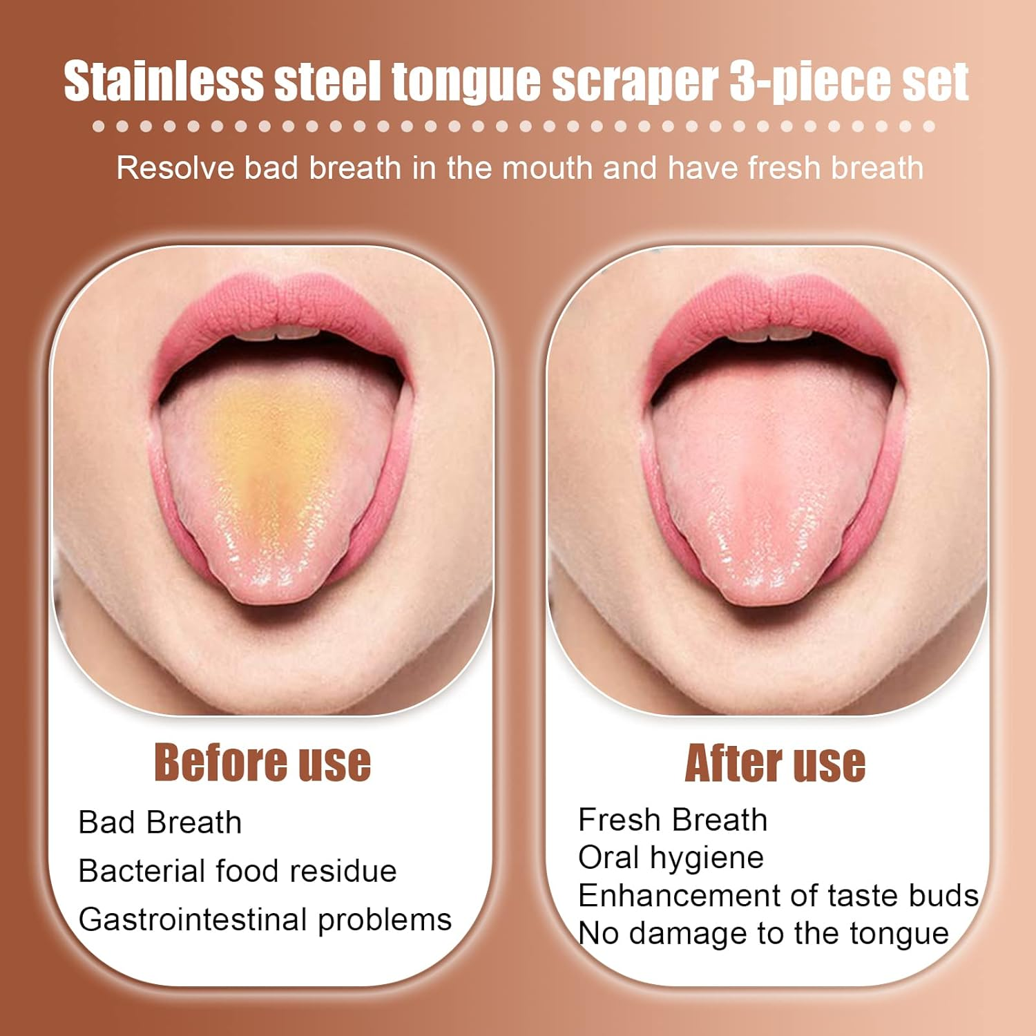 Tongue Scraper, 3 Pcs Stainless Steel Tongue Cleaner, Tongue Scraper Tools for Adults Kids Healthy Oral Carescrapers Fresher Breath in Seconds (Rose Gold)