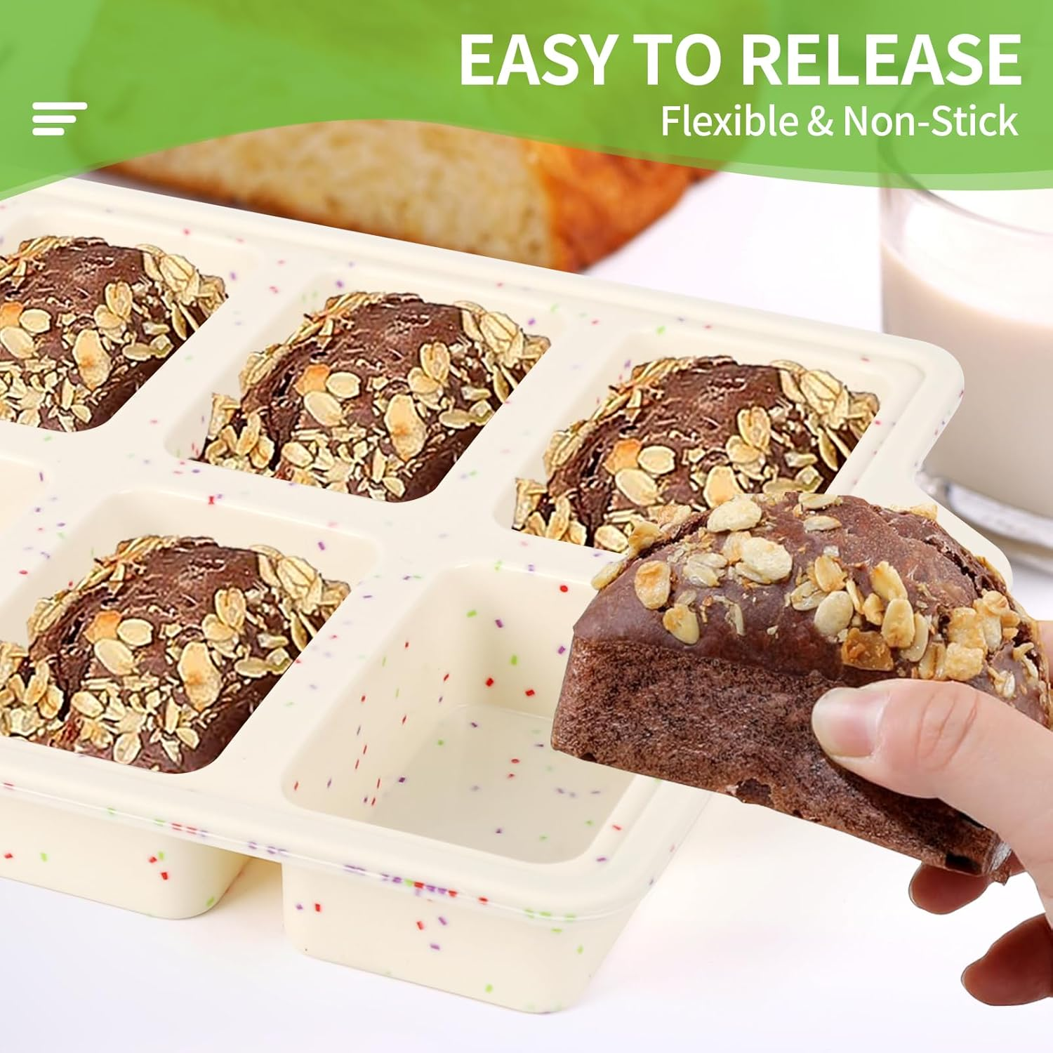 Silicone Mini Loaf Pans with Metal Reinforced Frame-2 Pack, Non-Stick Silicone Bread Pan for Baking 8-Cavity, Tiny Banana Bread Set, Dishwasher Safe Brownie Pan-Cream