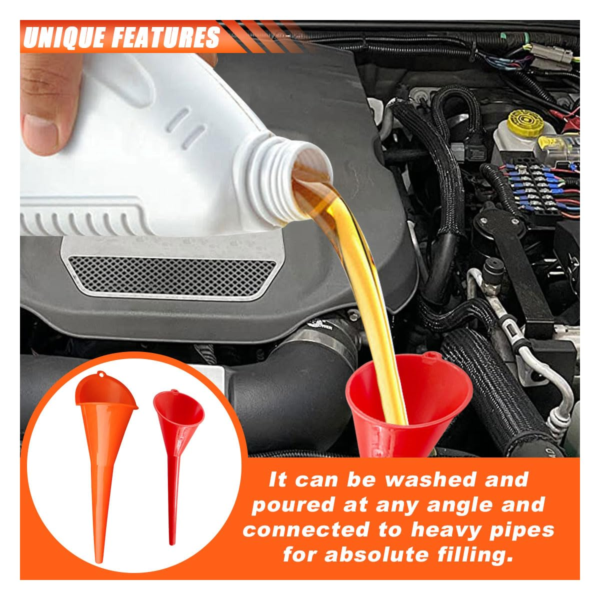 2PCS Long Neck Oil Funnels, Multi-Purpose Spill Saver Funnel, Plastic Funnel for Filling Automotive Oils Lubricants Engine Oils Water Diesel Fuel Kerosene and Other Liquids (Small Red+Orange) image number 6