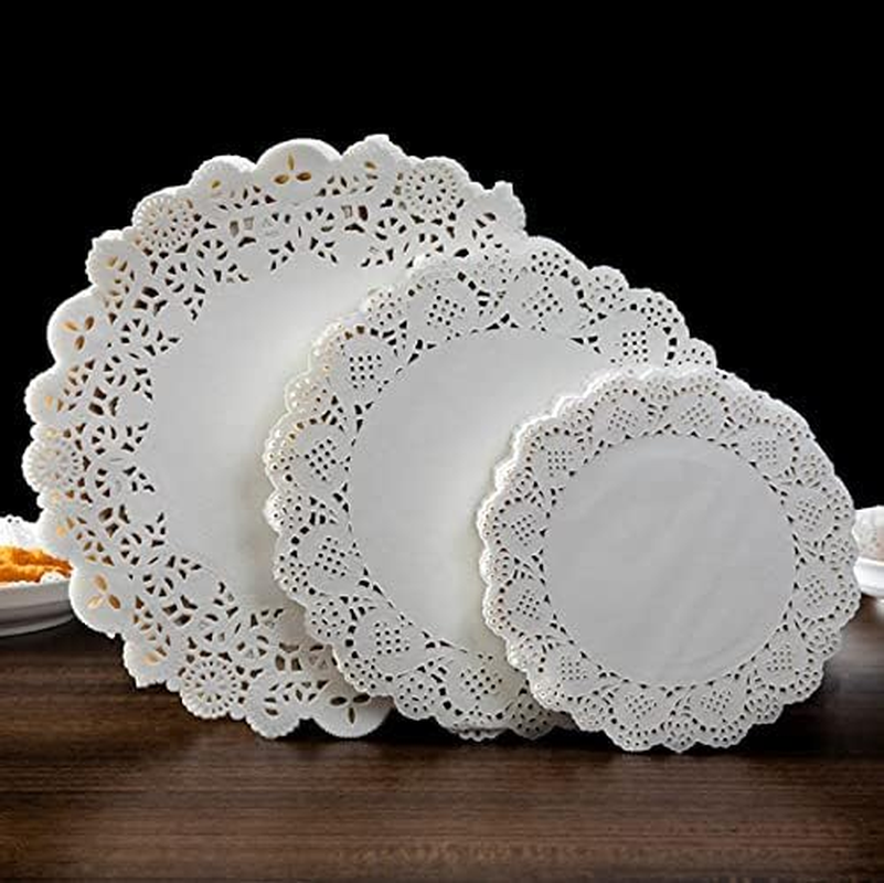 White round Lace Paper Doilies 8.5 Inch Disposable Lace Placemats for Food, Desserts,Cakes, and Baked Treats, Pack of 100