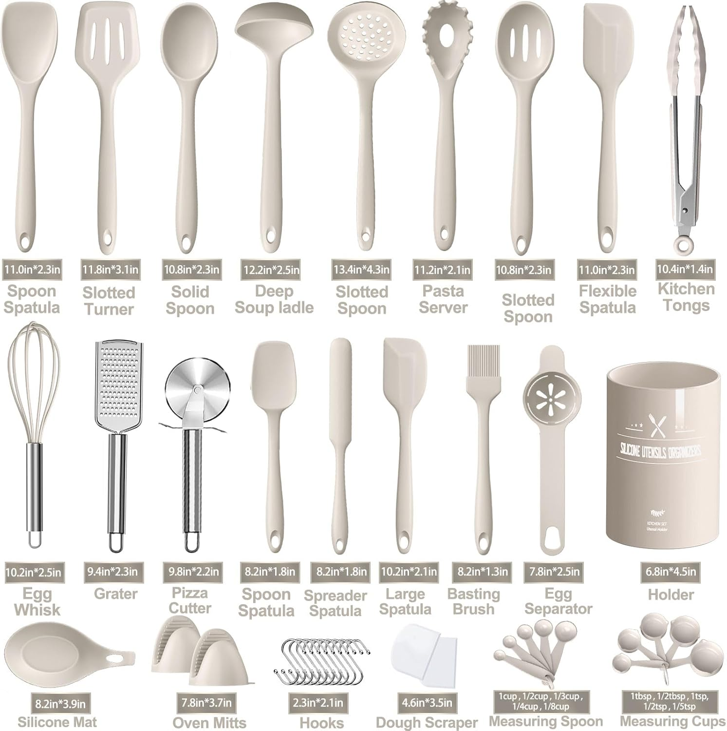 Silicone Kitchen Cooking Utensils Set, AIKKIL 43 Pcs Heat Resistant Khaki Cooking Utensils Set, Turner, Tongs, Spoon, Spatula, Kitchen Gadgets Tools Set for Nonstick Cookware(Dishwasher, BPA Free) - Pink image number 4