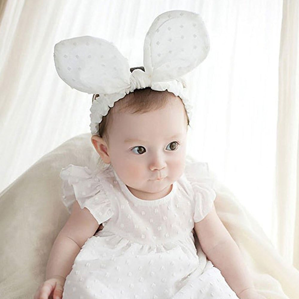RQJ Baby Girls Headband Rabbit Bow Cute Bunny Ear Elastic Minnie Mouse Headwrap Infant Headwear Turabn Hair Band Halo (White) image number 1