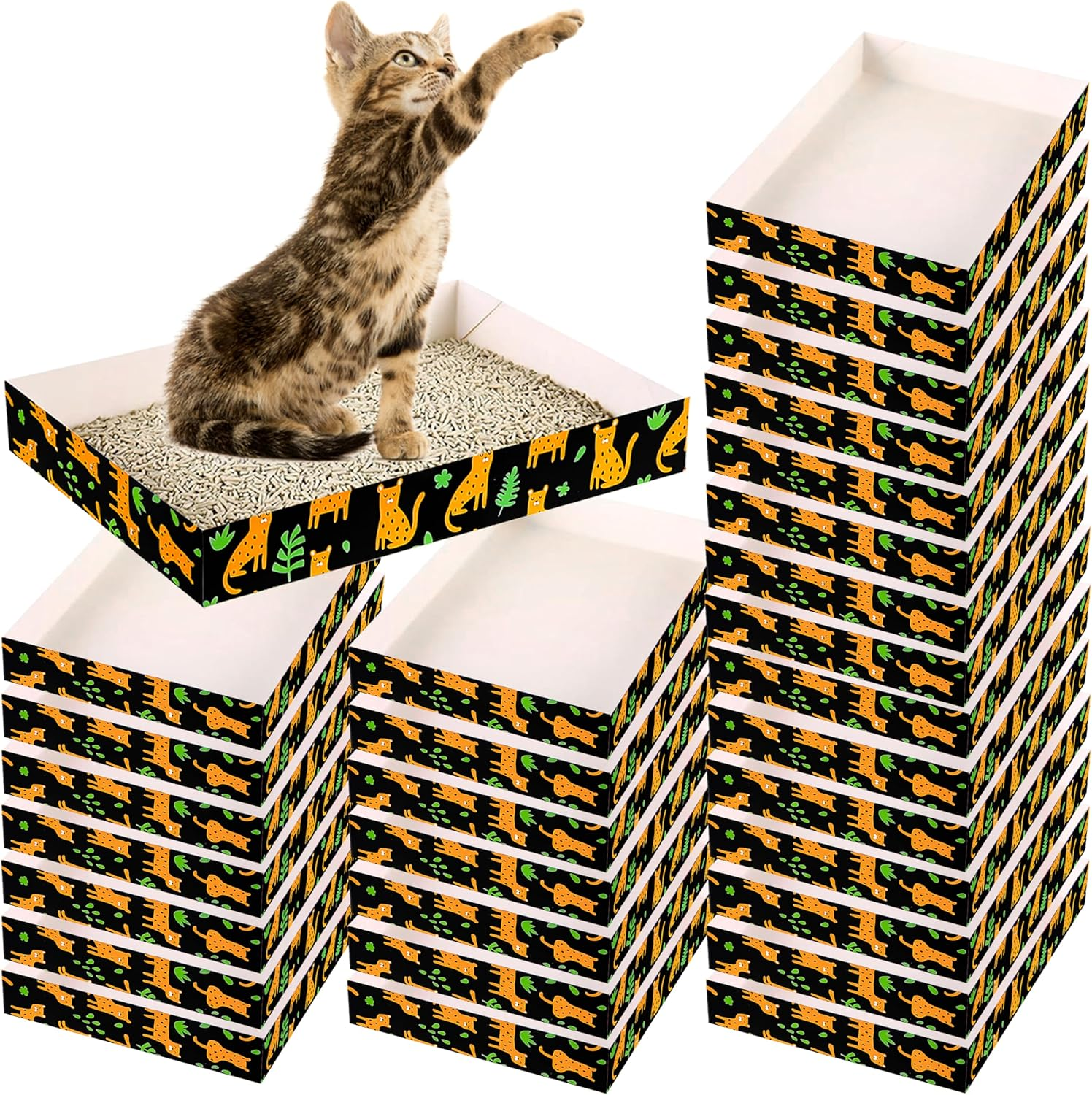 30 Pack Disposable Cat Litter Box, Foldable Paper Litter Box, Travel Cat Litter Box,Non Clumping Durable and Waterproof,Low Entry Easy Disposal,Portable(13.6X9.7X1.9 In) image number 5