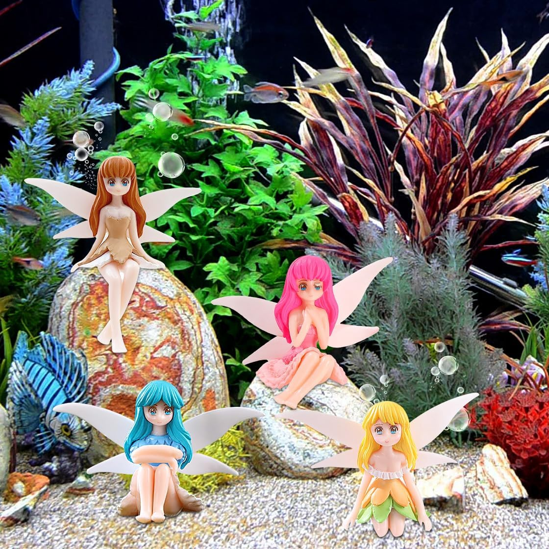 Hyzaphix 4Pcs Floating Fish Tank Decorations, Miniature Fairy Figures Fantasy Aquarium Decor Small Fairy Figurines Ornament with Wing for Home Decoration (Fairy) image number 2
