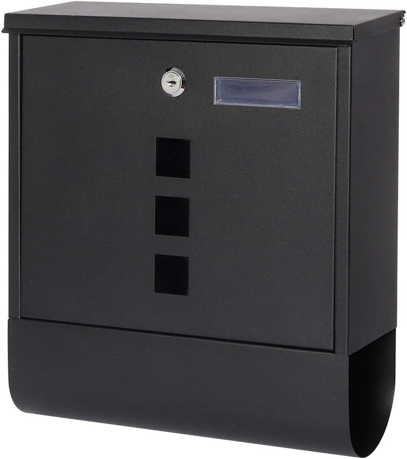 Decaller Metal Wall Mounted Mailboxes with Key Lock, Large Mail Box with Newspaper Compartment, Black, 13" X 14 2/5" X 4 1/5"