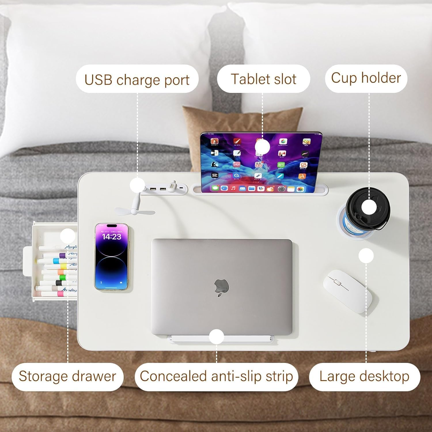 Adjustable Laptop Bed Desk with 4 USB Ports, Storage Drawer, Cup Holder, X-Large Foldable Bed Laptop Table Stand for Couch Sofa Floor, Portable Lap Desk Tray for Eating Reading Working Drawing Gaming image number 3