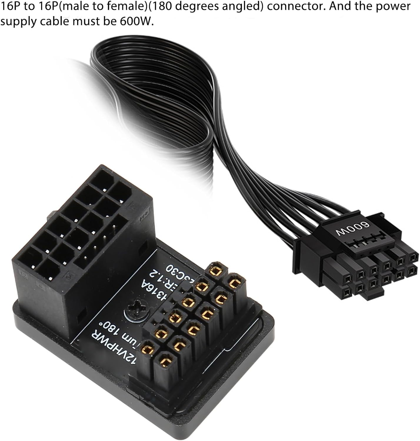 GPU PCIE Connector, PCIE 5.0 Graphics Cards ATX3.0 Power Supplies, 12V HPWR 12+4 16P Male to Female, 180 Degree Turn Connector 600W for Desktop Computer. (PH316 Black) image number 4