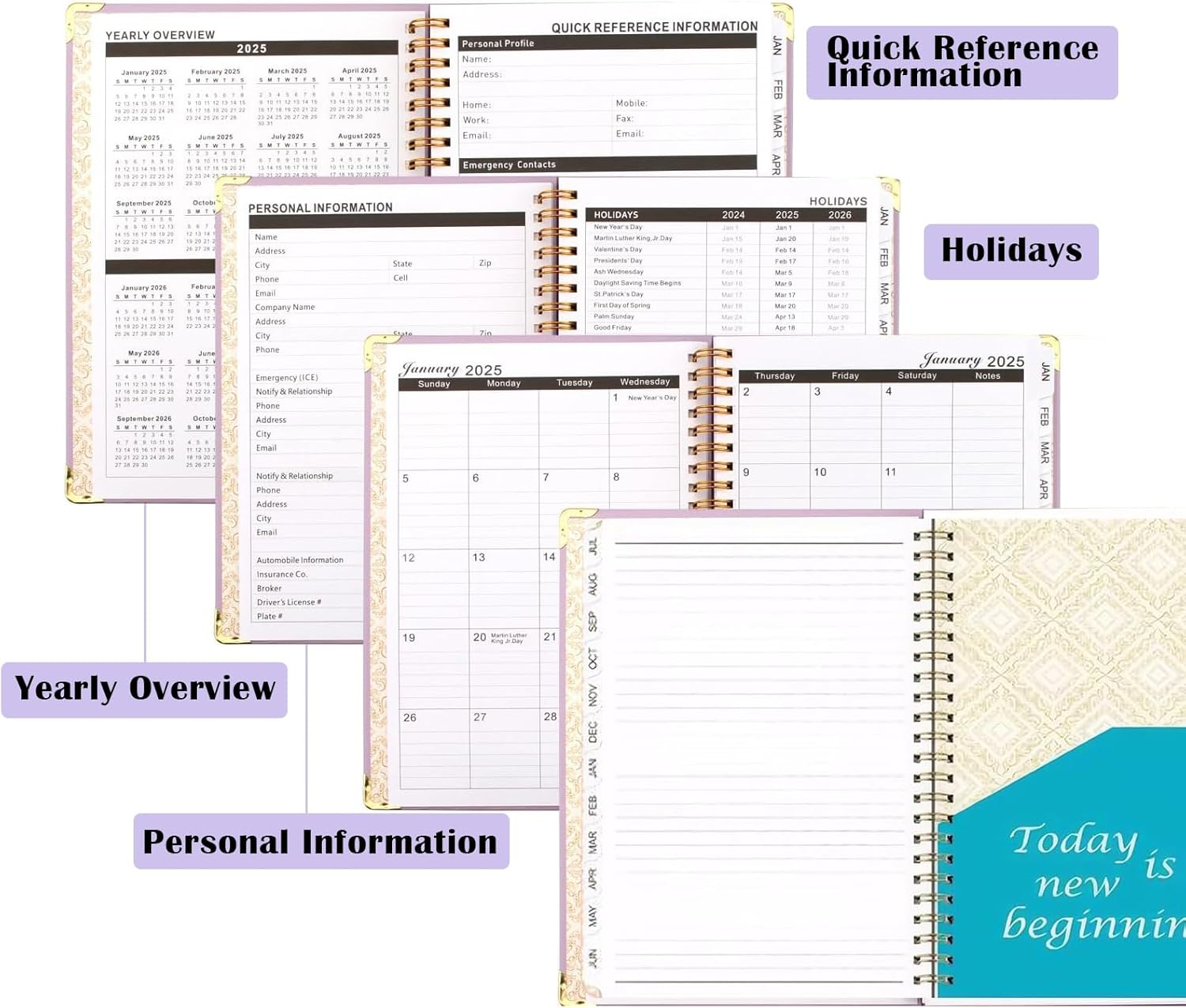 Lejapwat 2025 Planner with Monthly Tabs, Weekly and Monthly Diary Notebook, A5 Hardcover Planner with Inner Pocket from January 2025-December 2025 (Black) - Purple image number 4