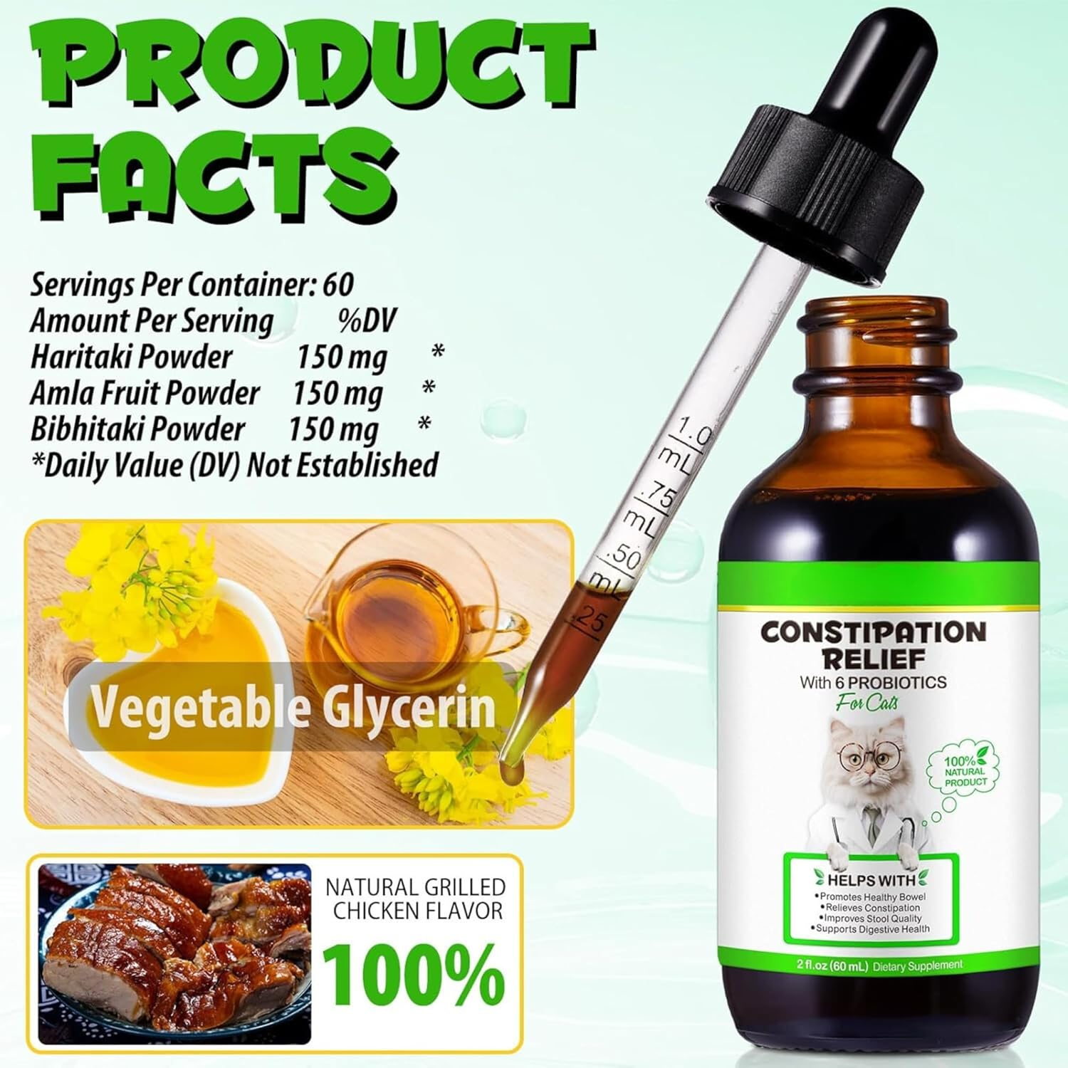 Cat Constipation Relief Drops 60Ml | 100% Natural Cat Laxative with 6 Probiotics | Effective Stool Softener for Cats | Promotes Digestive Health | Chicken Flavour image number 4