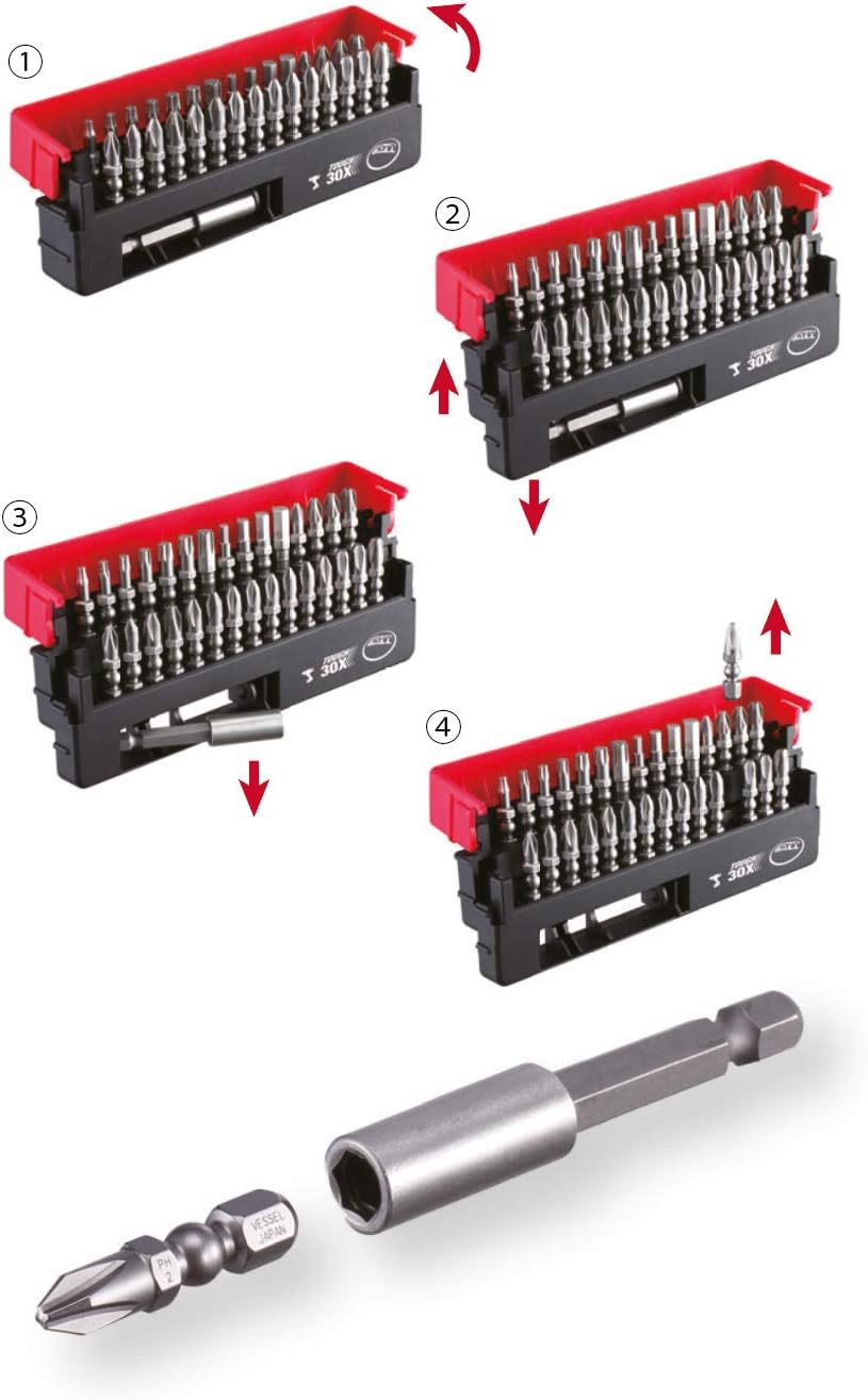 VESSEL Set of 30 Impact Ball Torsion Screwdriver Bits + Bit Holder