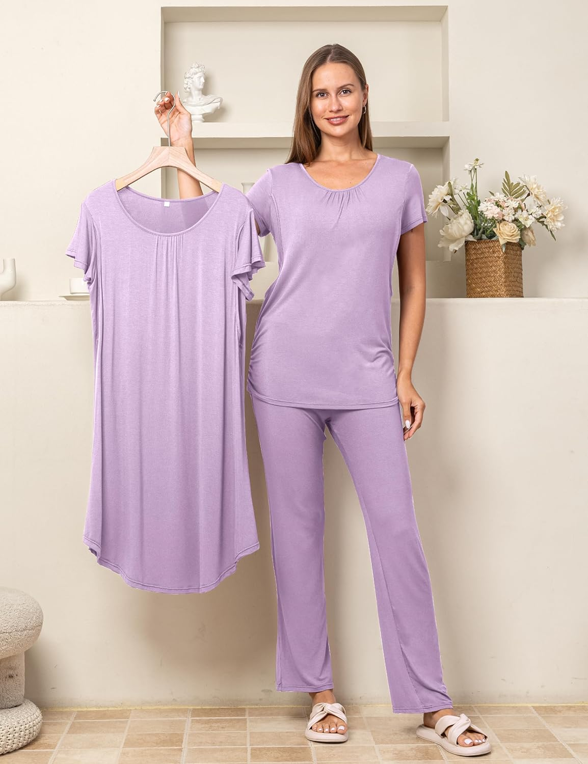 SUNNYBUY Women 3 PCS Maternity Nursing Nightgown Dress & Short Sleeve Breastfeeding Top & Pregnancy Pants Sleepwear Set image number 2