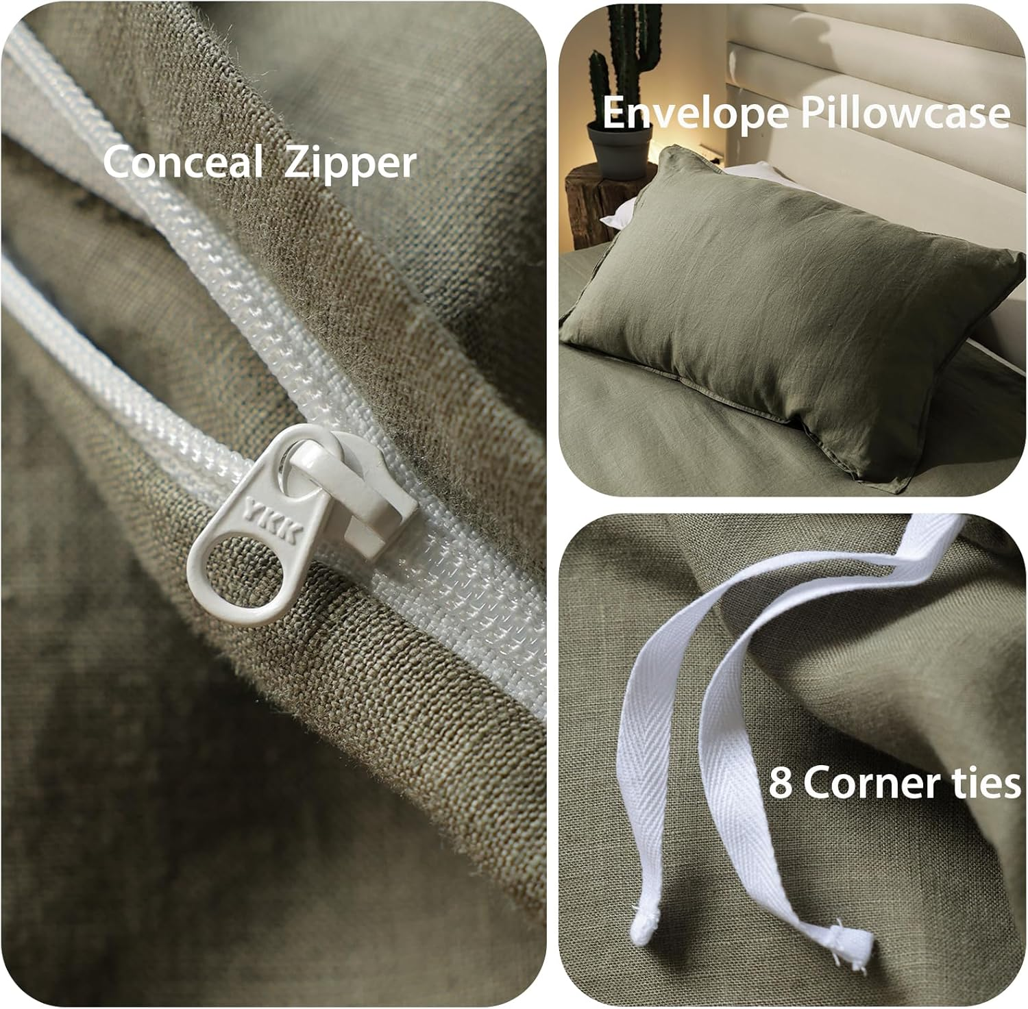 XZ XIFA Olive Green Linen Duvet Cover Twin, 100% Washed French Flax Linen Bedding Set with Zipper Closure, Cooling & Textured Bed Sets for Hot Sleepers(1 Duvet Cover, 1 Pillowcases) image number 3
